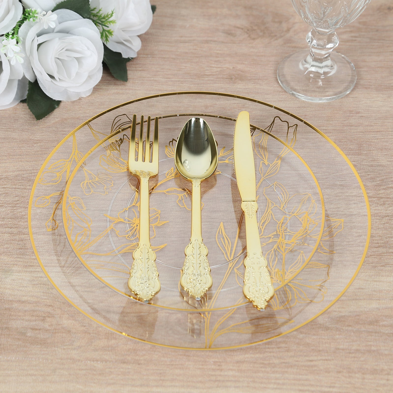 Set of 20 Plastic Round Dinner and Dessert Plates in Clear with Metallic Gold Floral Design - Stylish Disposable Dinnerware 8, 10