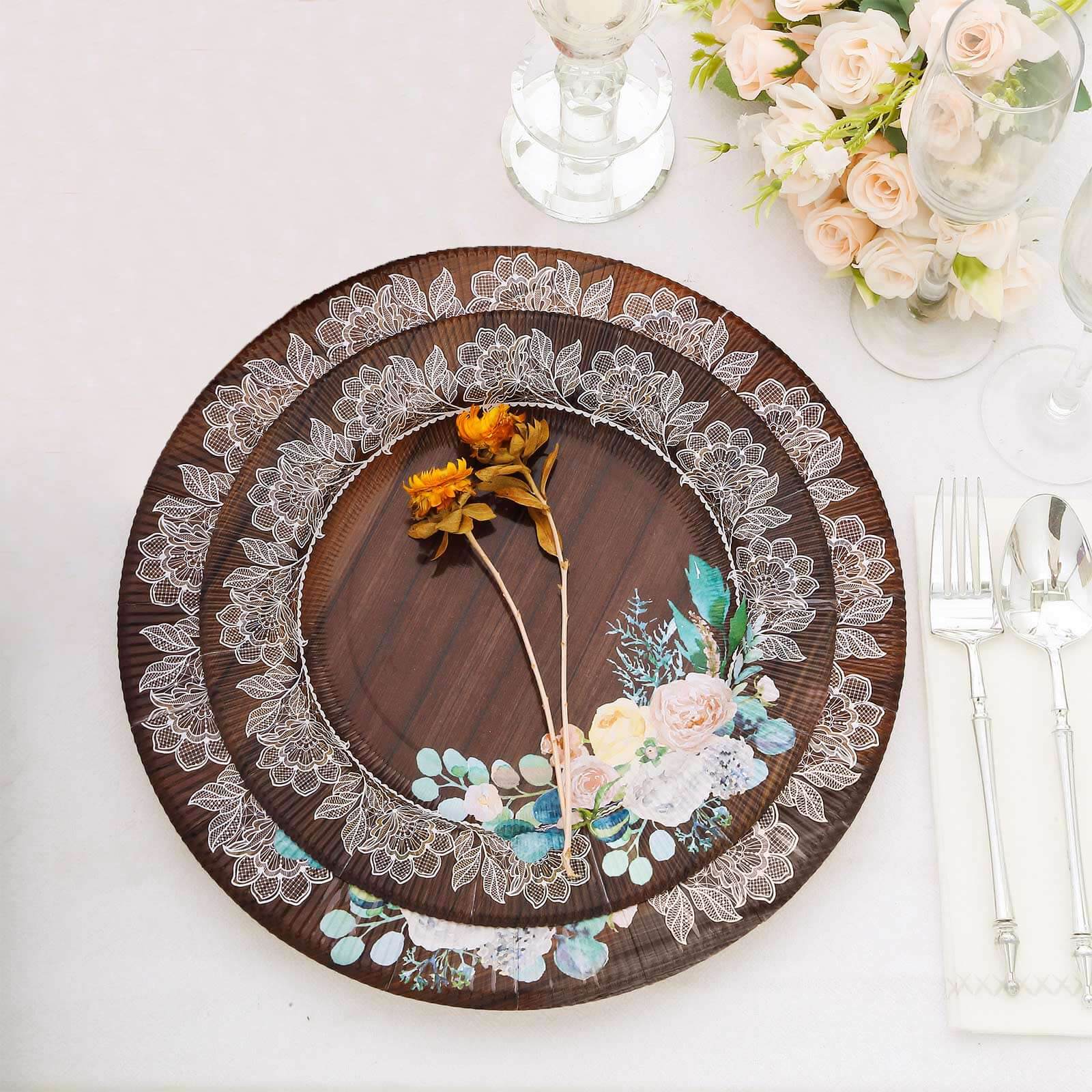 25-Pack Paper 8 Round Dessert Plates in Brown Wood Print with Floral Lace Rim - Disposable Salad Appetizer Plates for Farmhouse Events & Rustic Themes