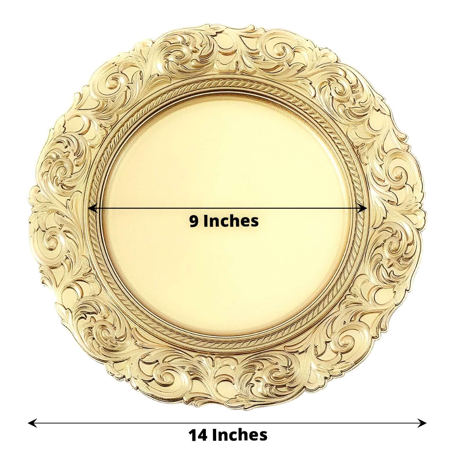 6-Pack Acrylic Round Charger Plates 14 in Gold with Engraved Baroque Rim, Vintage Disposable Decorative Chargers