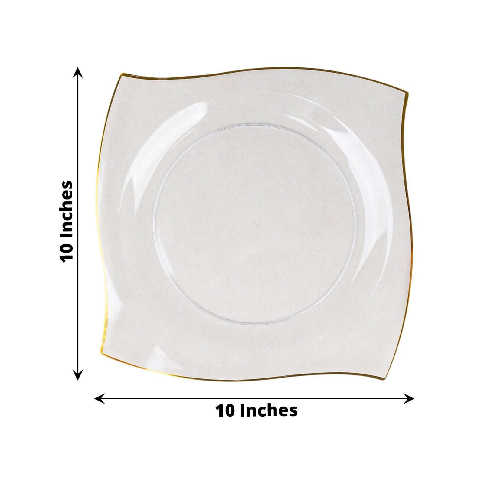 10-Pack Plastic 10 Square Dinner Plates in Clear with Gold Wavy Rim Modern - Disposable Party Plates