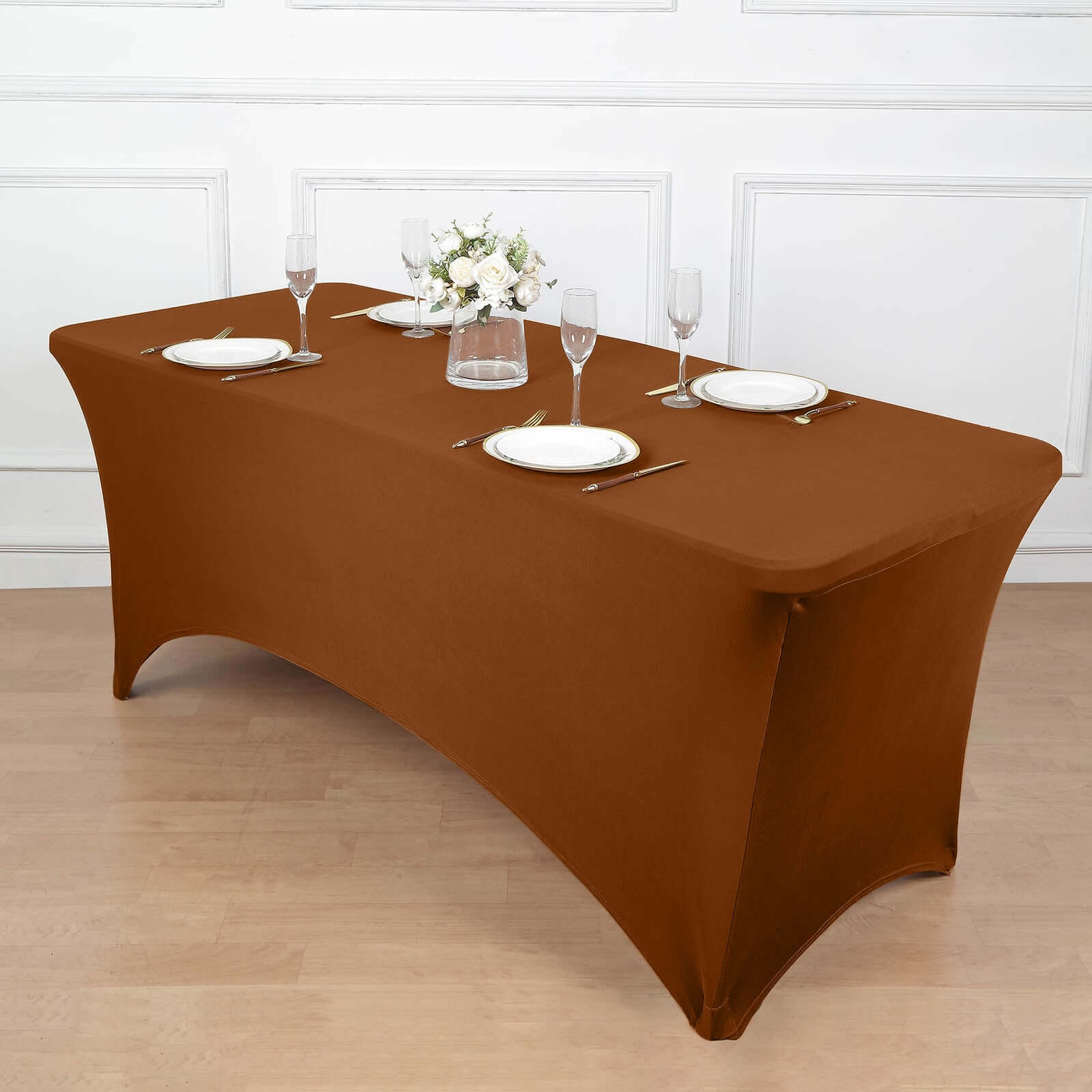 Stretch Spandex 6ft Rectangle Tablecloth Cinnamon Brown - Durable Form-Fitting Table Cover