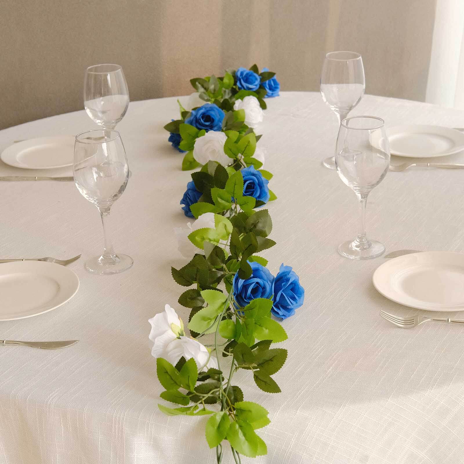 2 Pack 7ft White Royal Blue Artificial Silk Flower Garland Mini Rose Vines with 26 Flower Heads