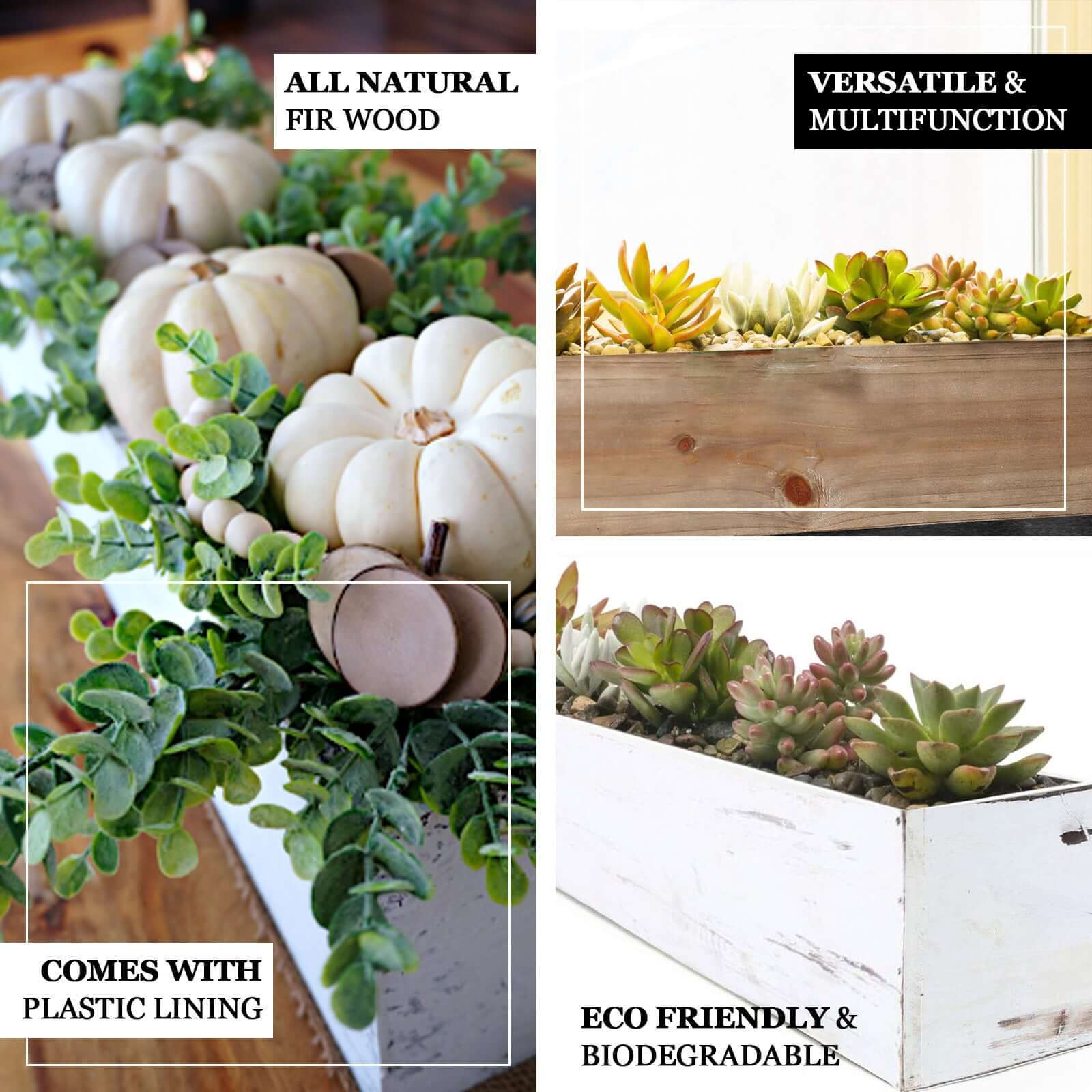 White Wood Planter Rectangular Box 30x6- Durable Decor with Removable Plastic Liner for Tables