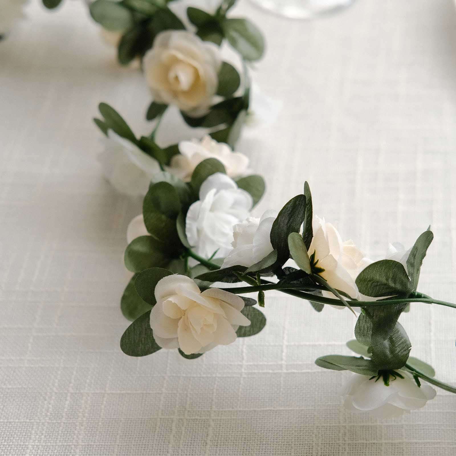 2 Pack 8ft Cream Ivory Artificial Silk Flower Garland Mini Rose Vines with 45 Flower Heads