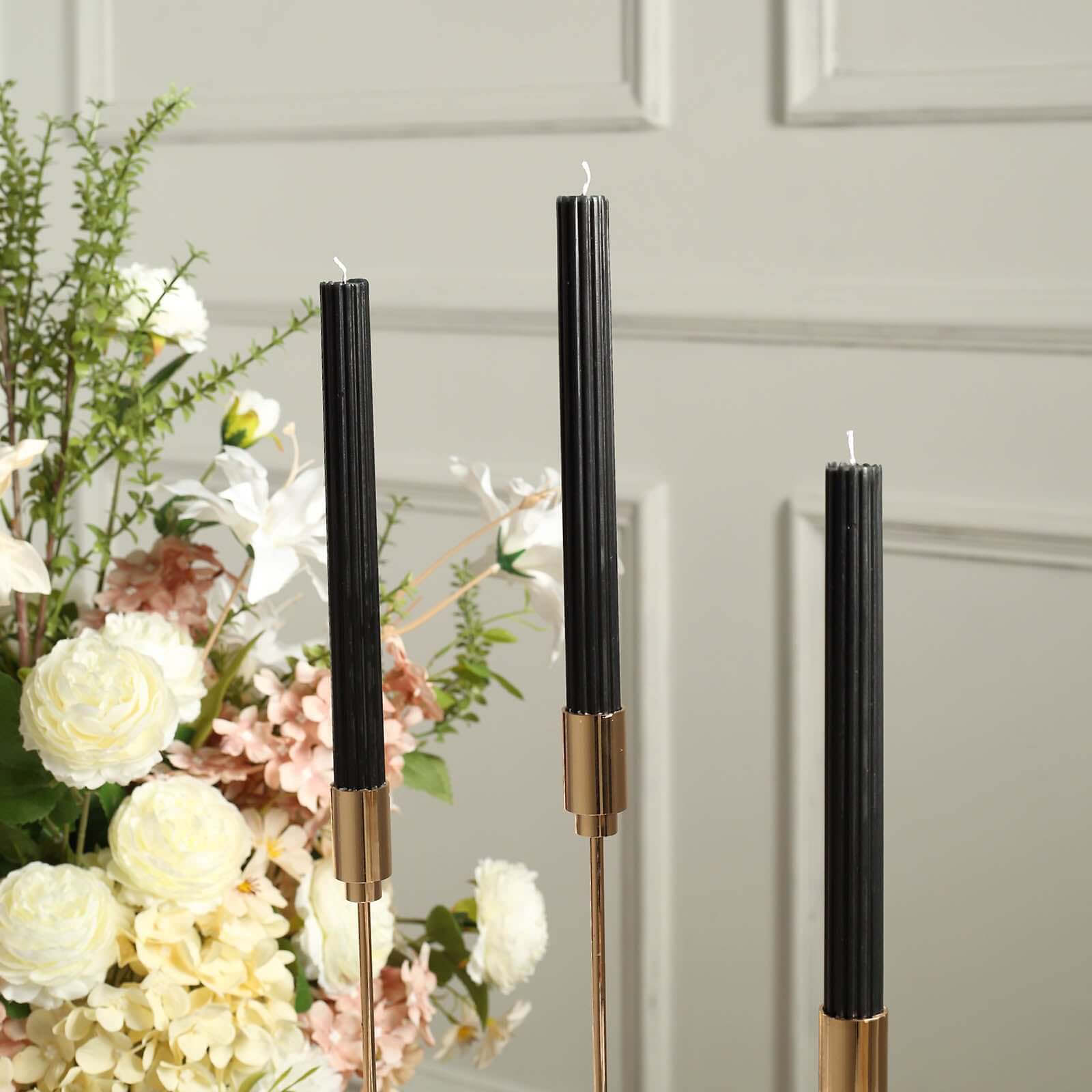 5-Pack Taper Candles Ribbed Wick Ribbon Wax Design Black - Premium Unscented Dinner Candles 9