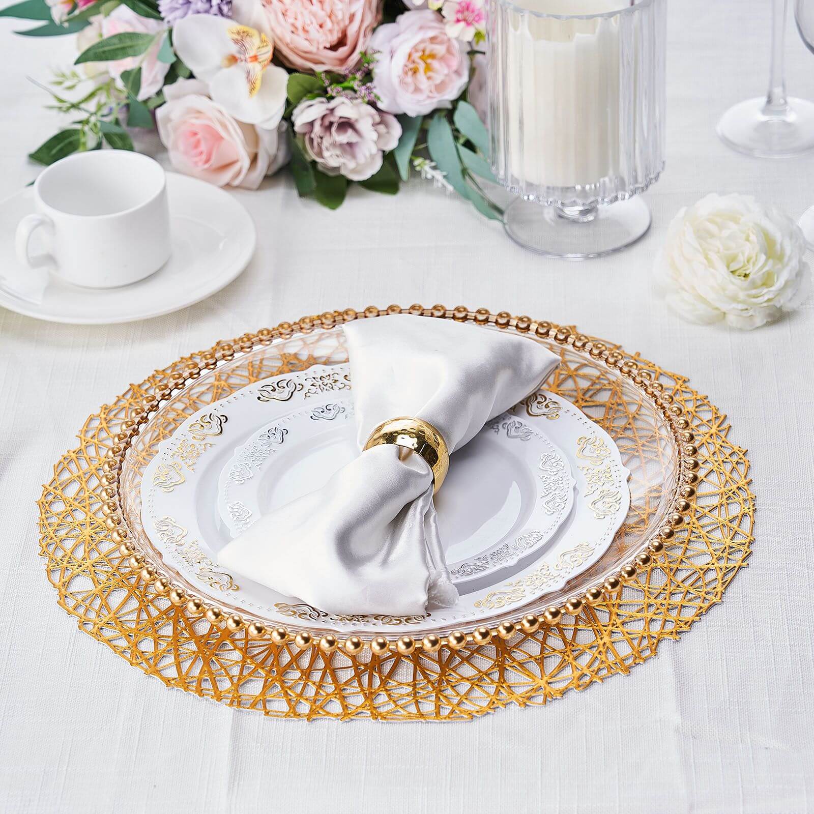 6-Pack Vinyl Placemats Gold Woven Design - Durable Non-Slip Round Table Mats for Dining 15