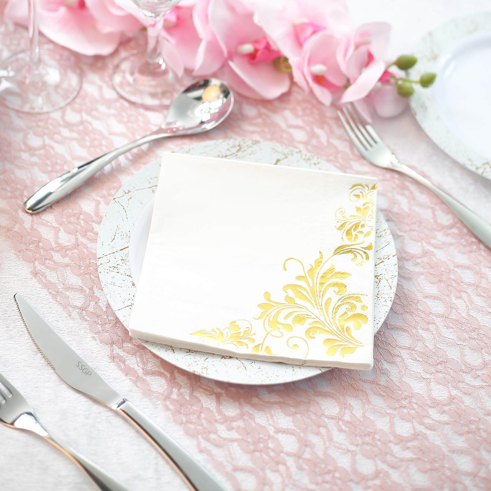 20-Pack Paper Dinner Napkins with Floral Design Metallic Gold - Disposable 3 Ply Cocktail Napkins for Weddings