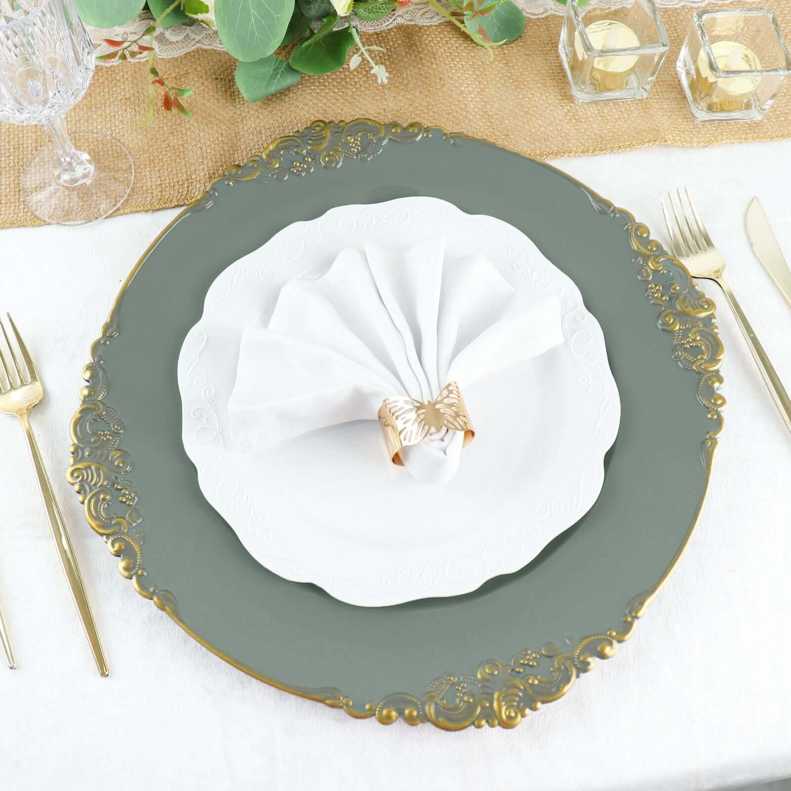 6-Pack Acrylic Round Charger Plates 13 in Olive Green with Gold Embossed Baroque Rim, Antique Decorative Dinner Party Charger Tableware