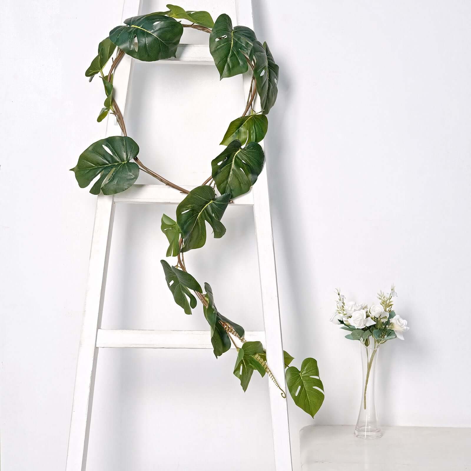 6ft Light Green Artificial Monstera Leaf Garland Plant, Tropical Vine, Flexible Faux Hanging Jungle Safari Greenery