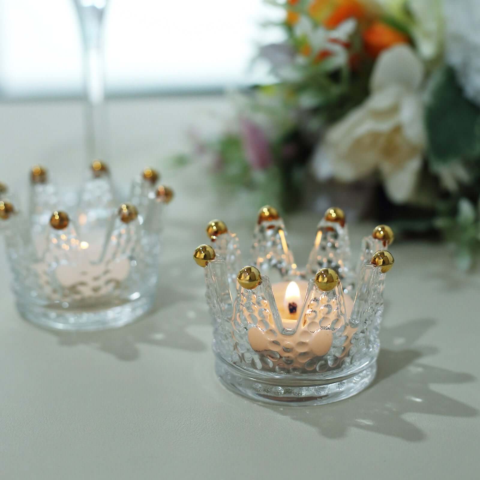 6-Pack Glass Crown Votive Candle Holders Clear Crystal Design with Gold Beaded Tips - Tea Light Holders 3x2