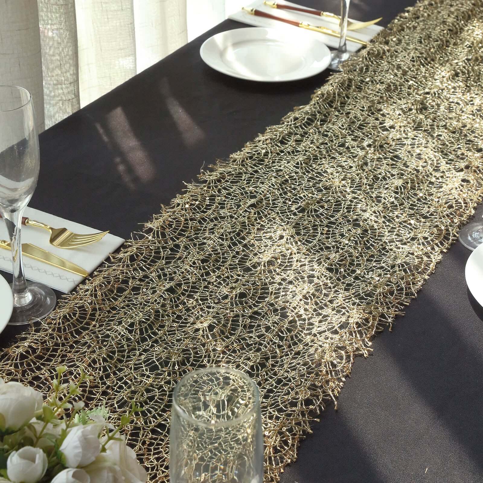 Mesh 12x108 Table Runner Gold - Sequin Schiffli Lace Design for Stylish Celebrations