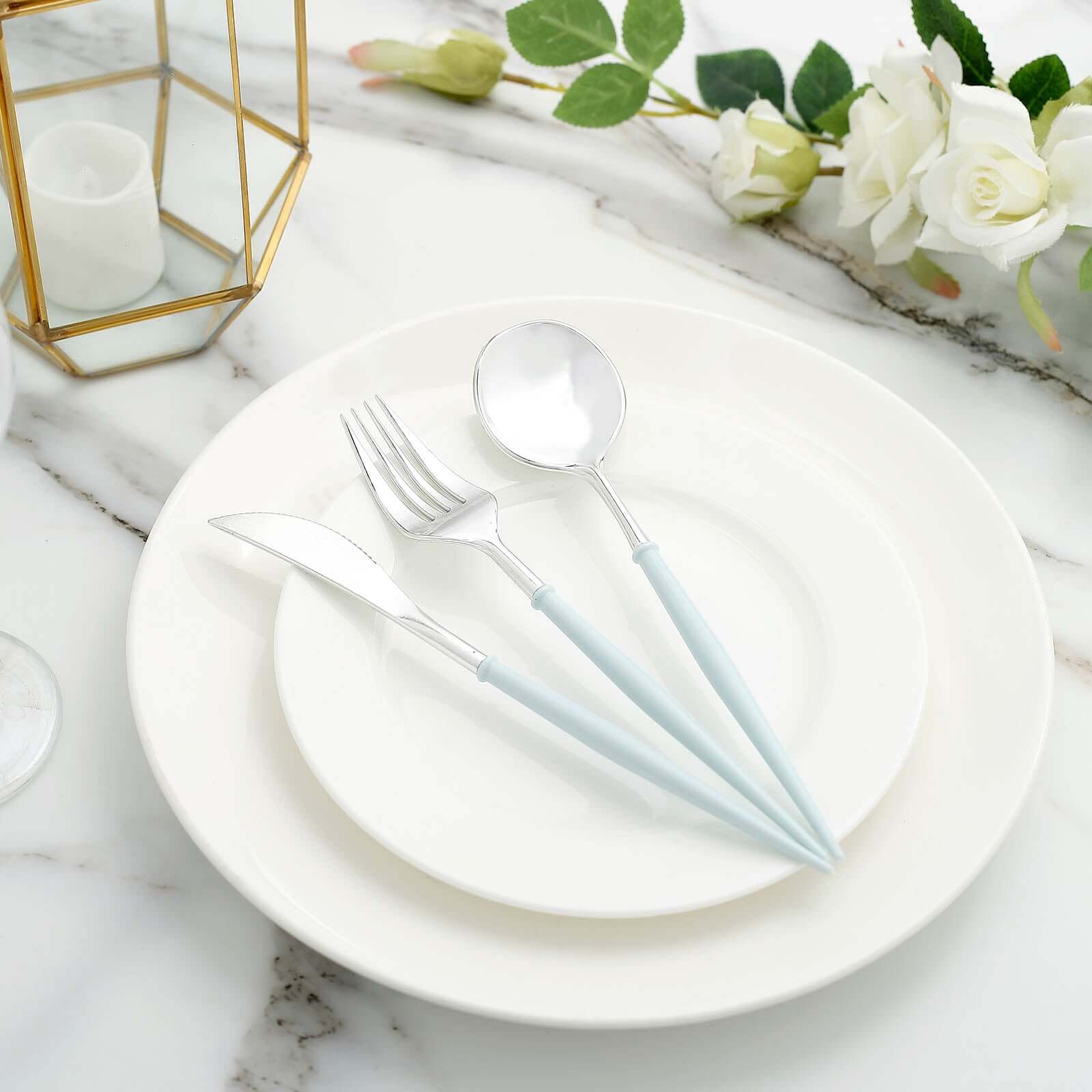 24-Pack Plastic Flatware Set in Silver with Light Blue Handle - Heavy Duty Disposable Modern Silverware 8