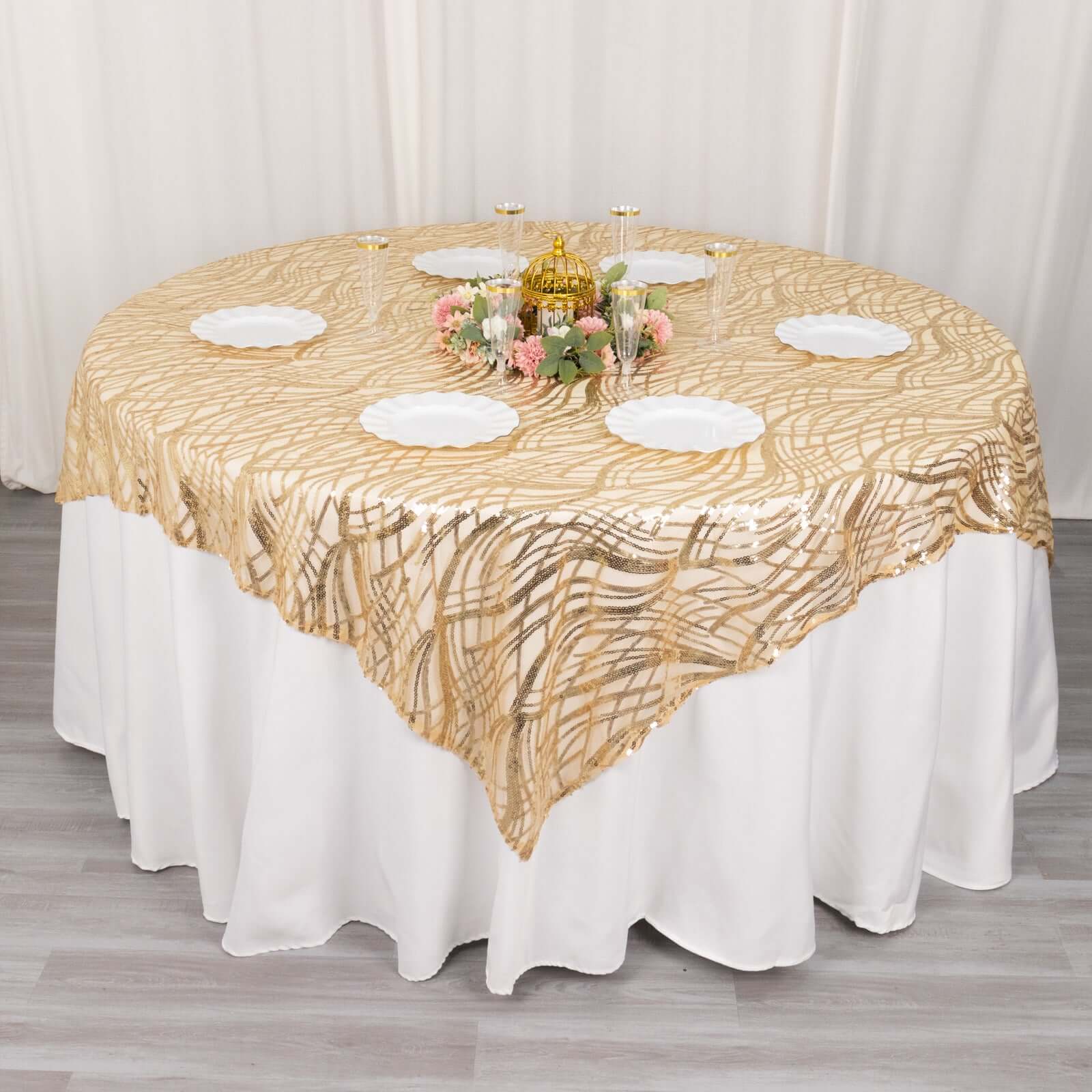 Mesh 72x72 Table Overlay Square Tablecloth Champagne - Wave Embroidered Sequins Table Topper