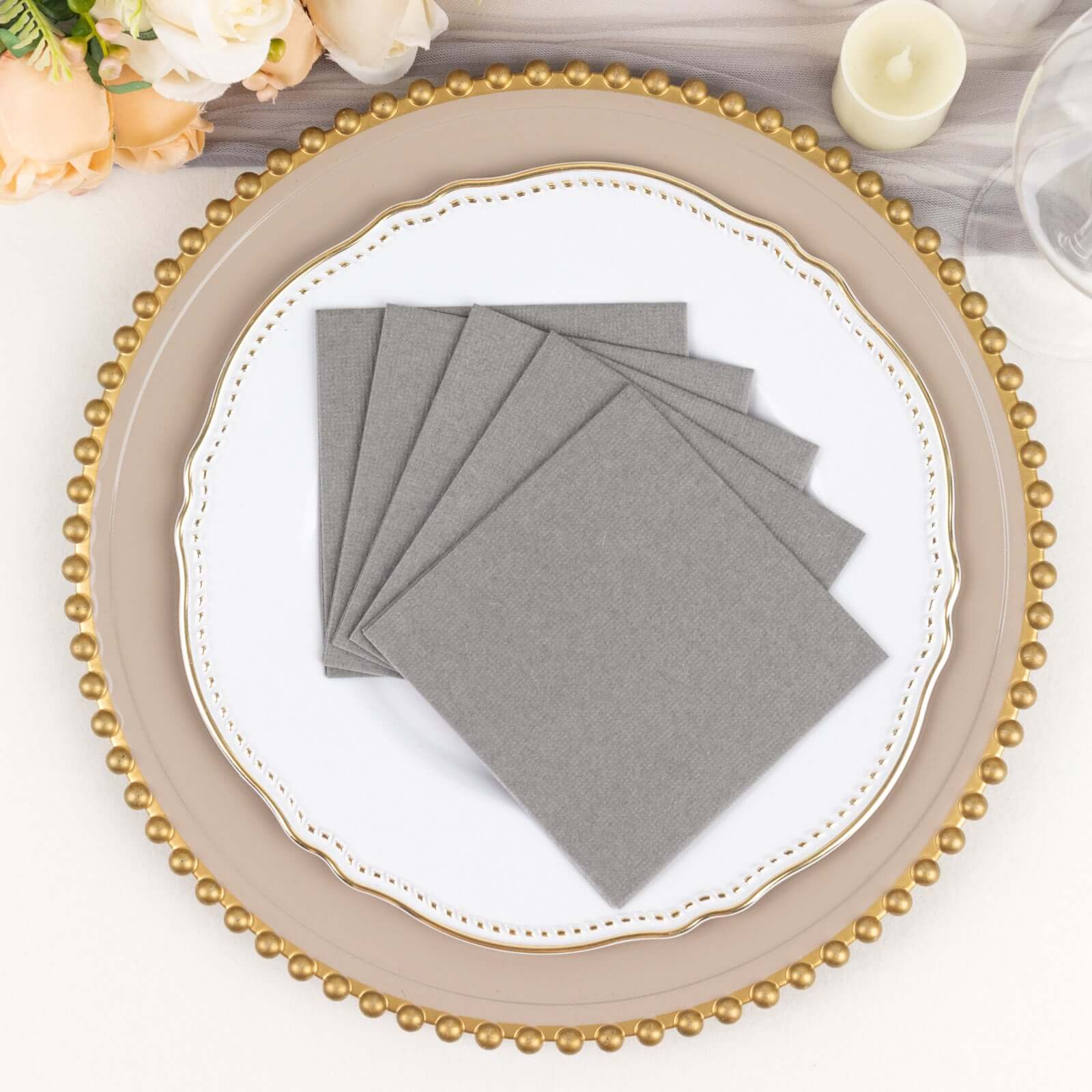 20-Pack Paper Linen-Like Cocktail Napkins Silver - Disposable 5x5 Airlaid Soft Napkins