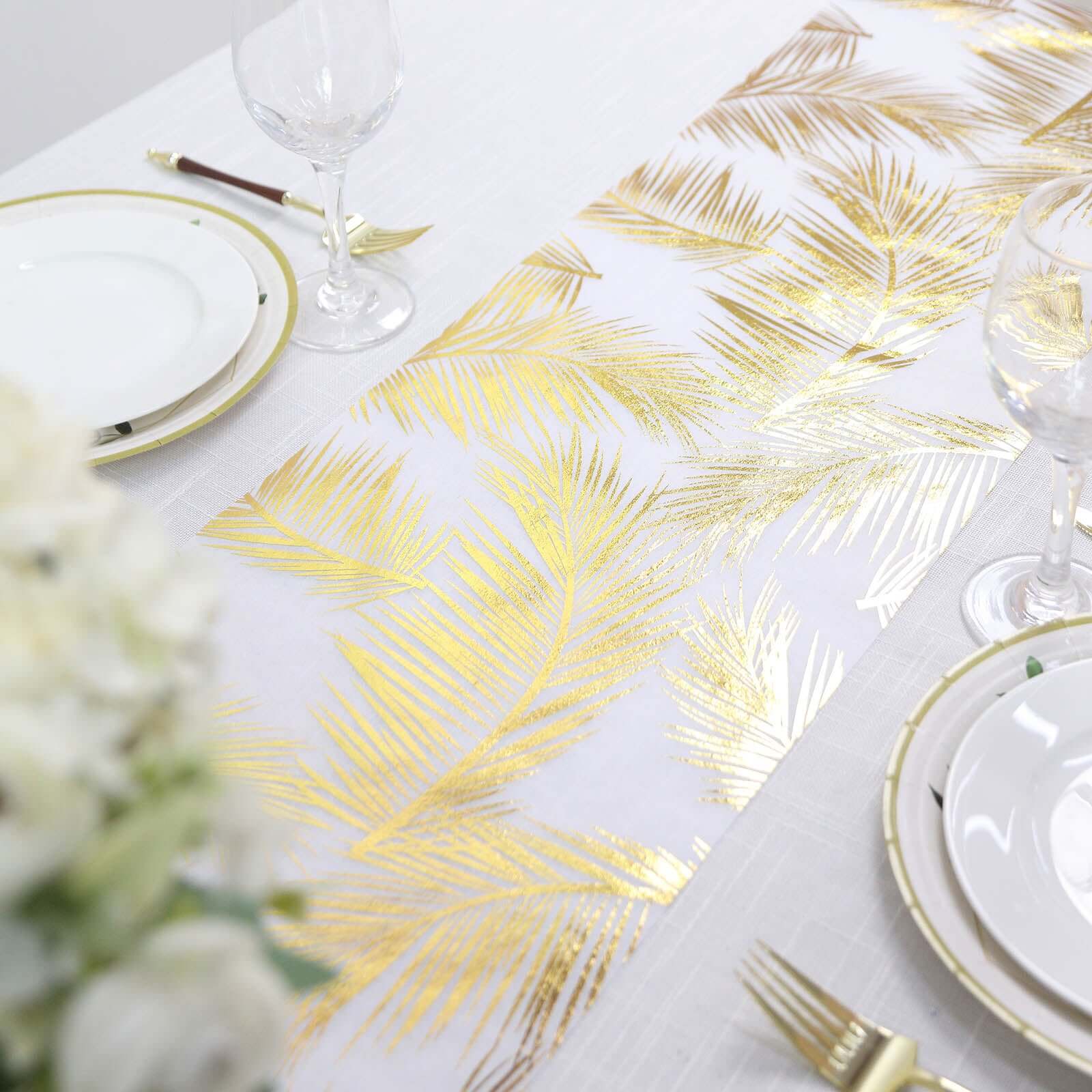 Disposable Table Runner Roll 108 Metallic Gold Foil Palm Leaves Print - Chic Non-Woven Tropical Table Decor for Events