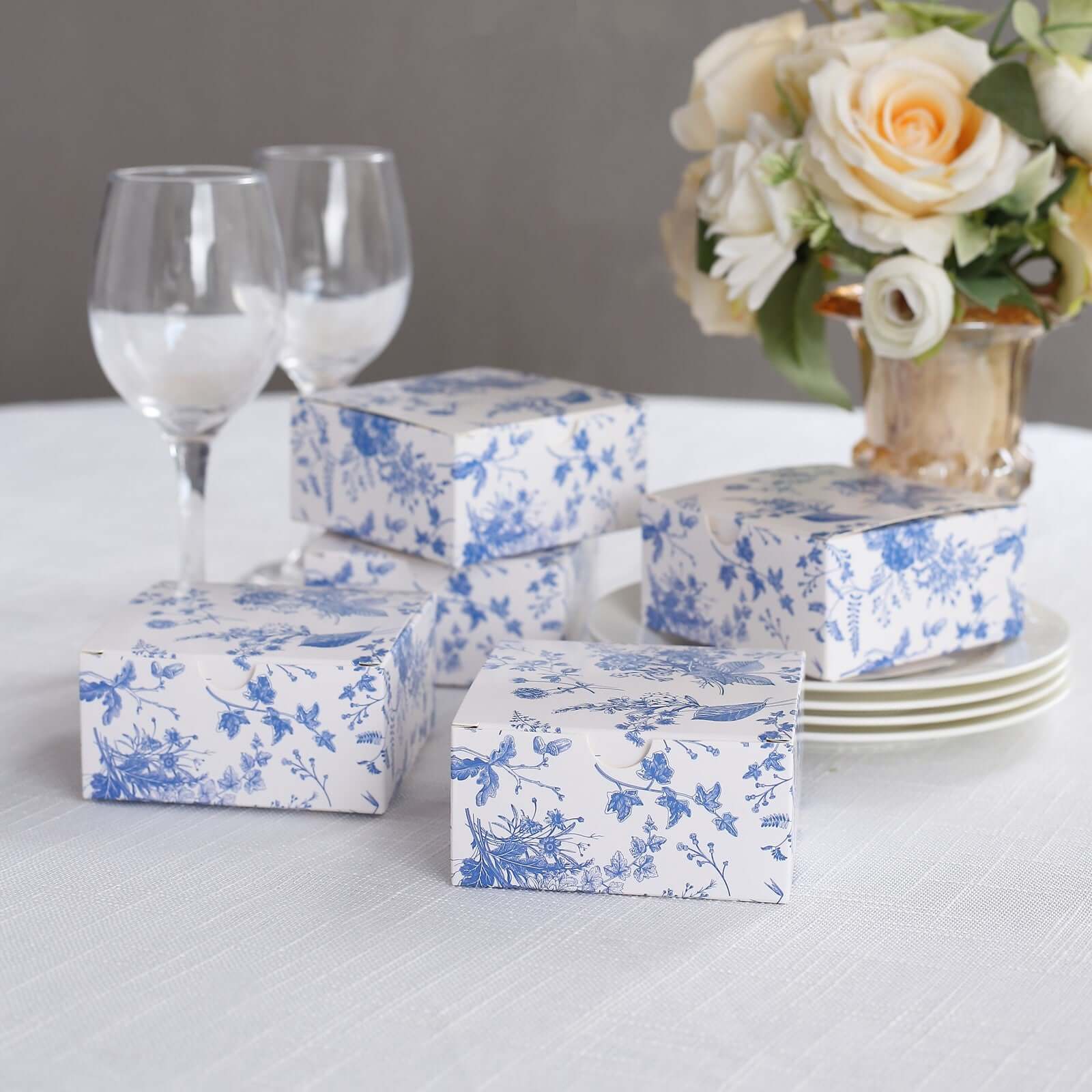 25 Pack White Blue Paper Favor Boxes in French Toile Pattern, Cardstock Party Shower Candy Gift Boxes - 4x4x2