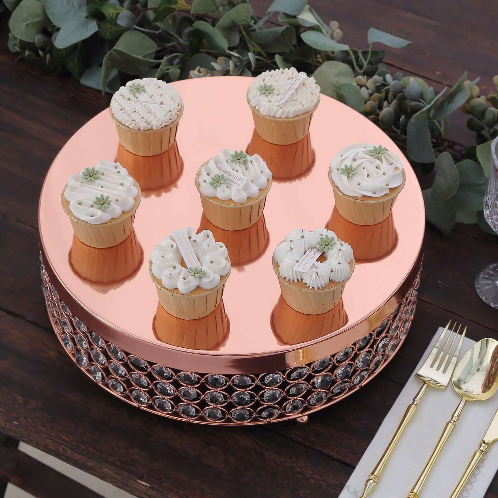 Metal Cake Stand Pedestal Crystal Beaded Design Rose Gold - Cupcake Display and Dessert Riser 13