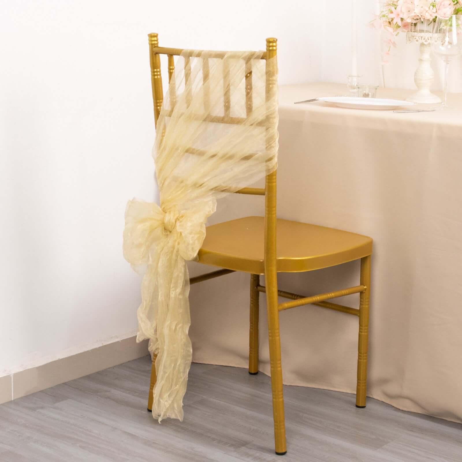 5 Pack Crinkled Organza Chair Sashes Champagne with Shimmer Chiffon Layers - Stylish Sheer Decor