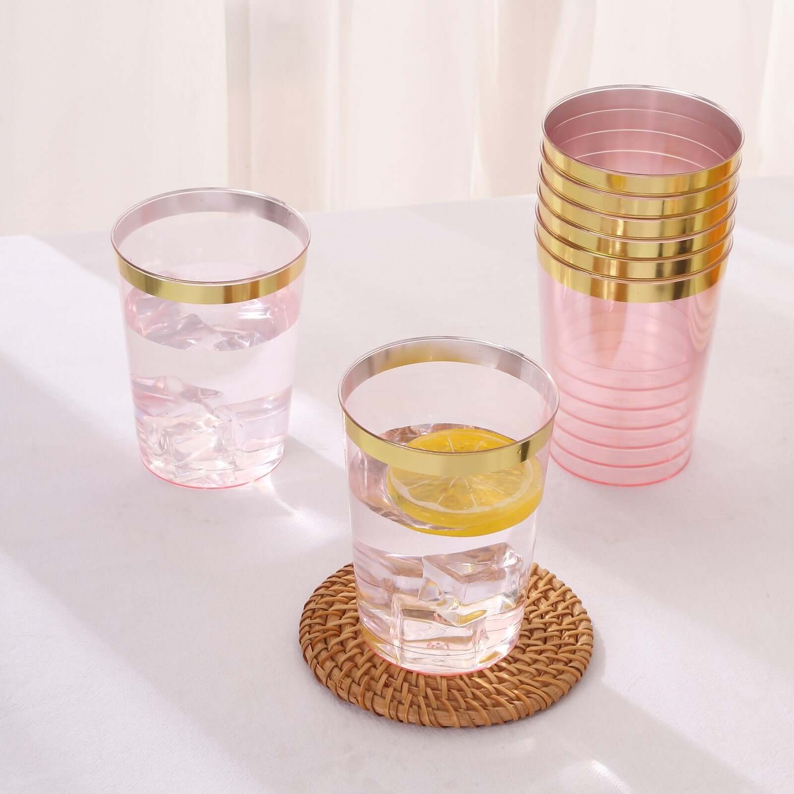 25-Pack Plastic Tumbler Cups Transparent Blush with Gold Rim - Stylish Disposable Party Glasses 10oz