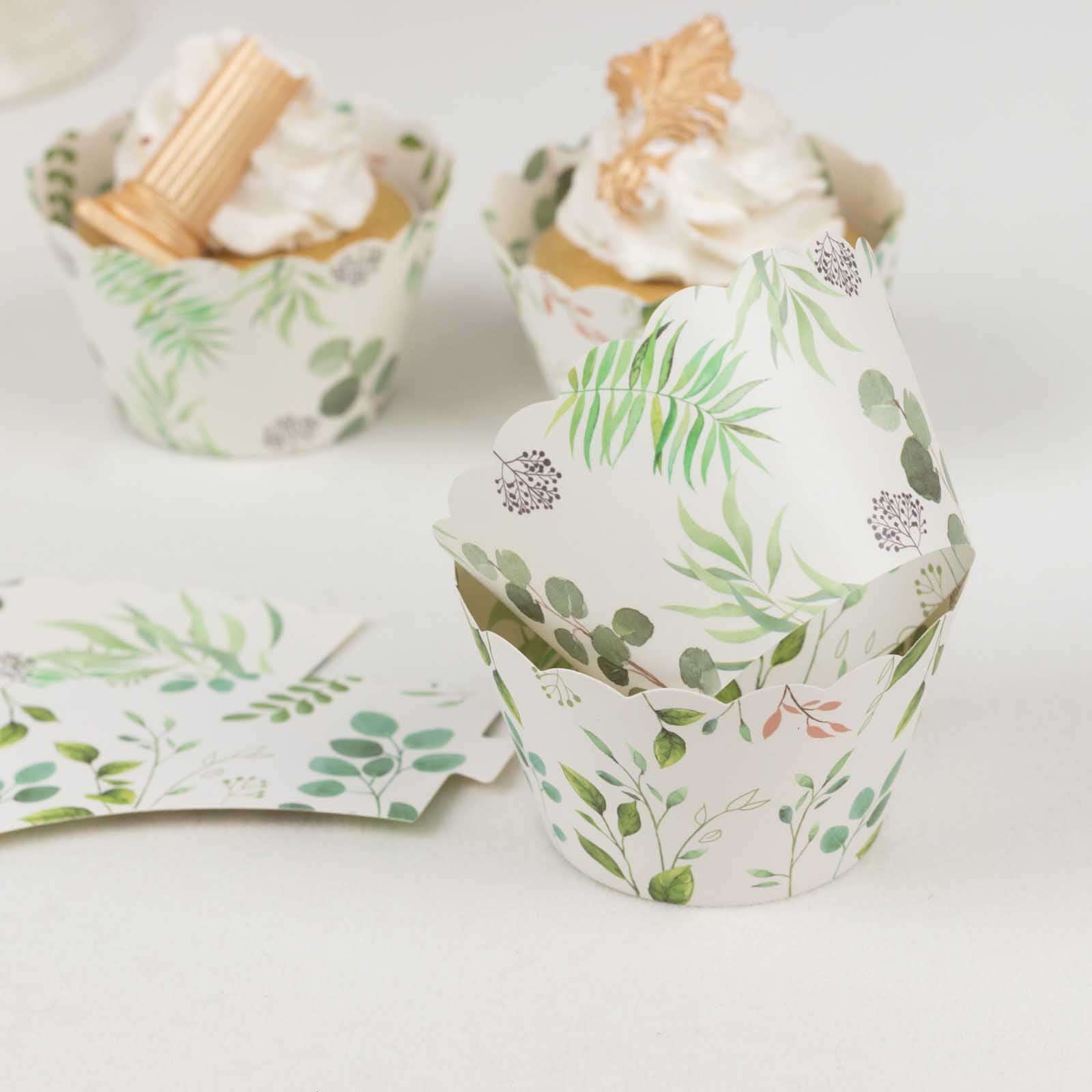 25-Pack Paper Cupcake Wrappers Eucalyptus Leaves Print White Green - Round Muffin Truffle Cup Liners 3