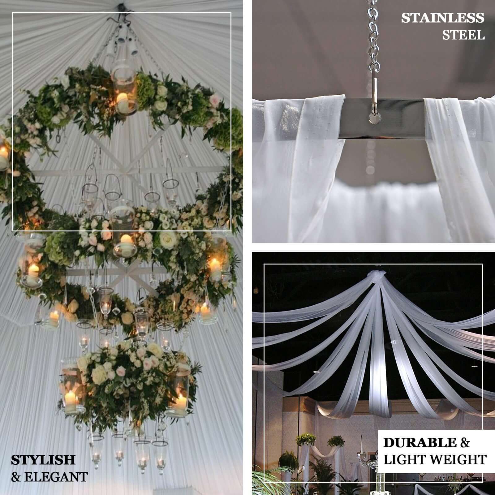 4 Panel White Ceiling Drape and Stainless Steel Hanging Hoop Hardware Kit + FREE Installation Tool Kit