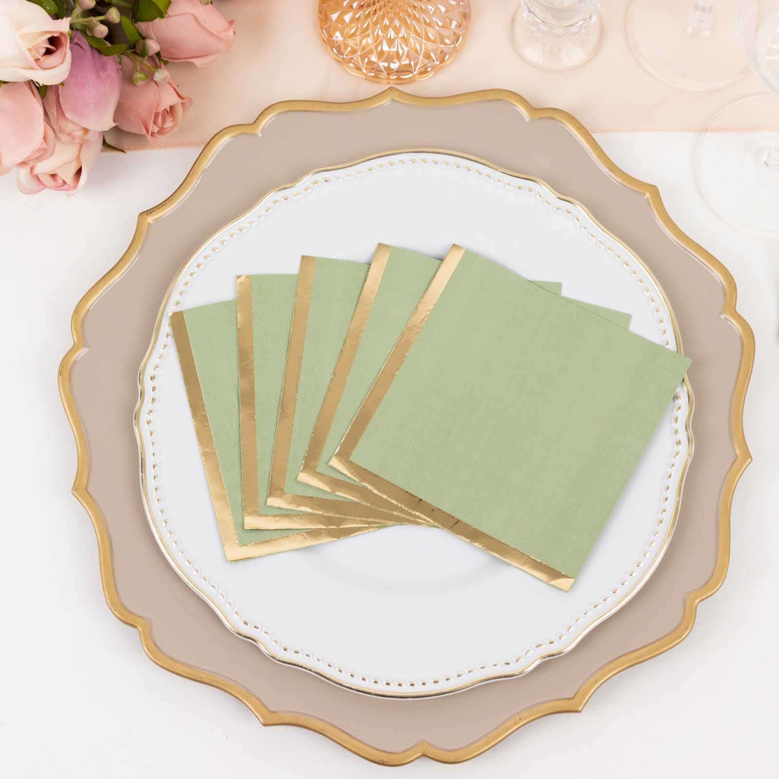 50-Pack Paper Beverage Napkins Sage Green with Gold Foil Edge - 2 Ply Disposable Soft 18GSM Cocktail Napkins 5x5