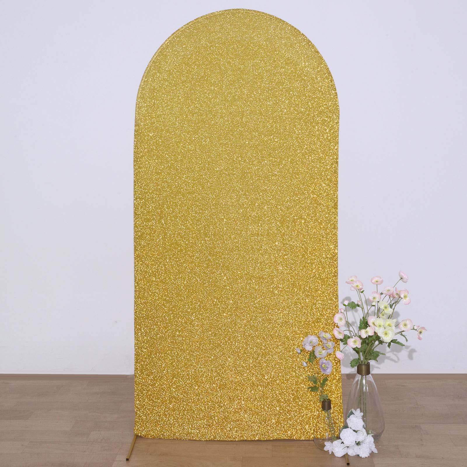 7ft Gold Shimmer Tinsel Spandex Chiara Backdrop Stand Cover For Fitted Round Top Wedding Arch