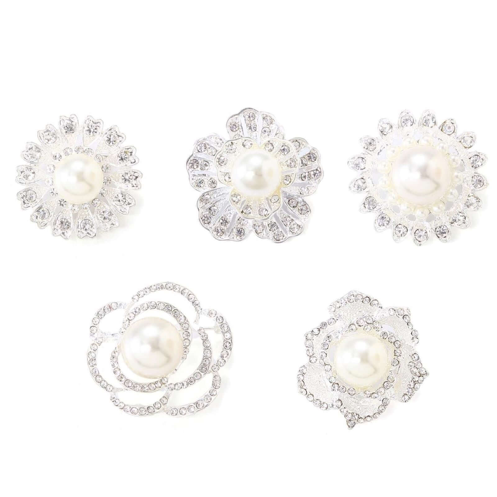 5 Pack Rhinestone Brooches Silver Plated with Pearl Center - Radiant Floral Pins for Wedding Bouquets & Events