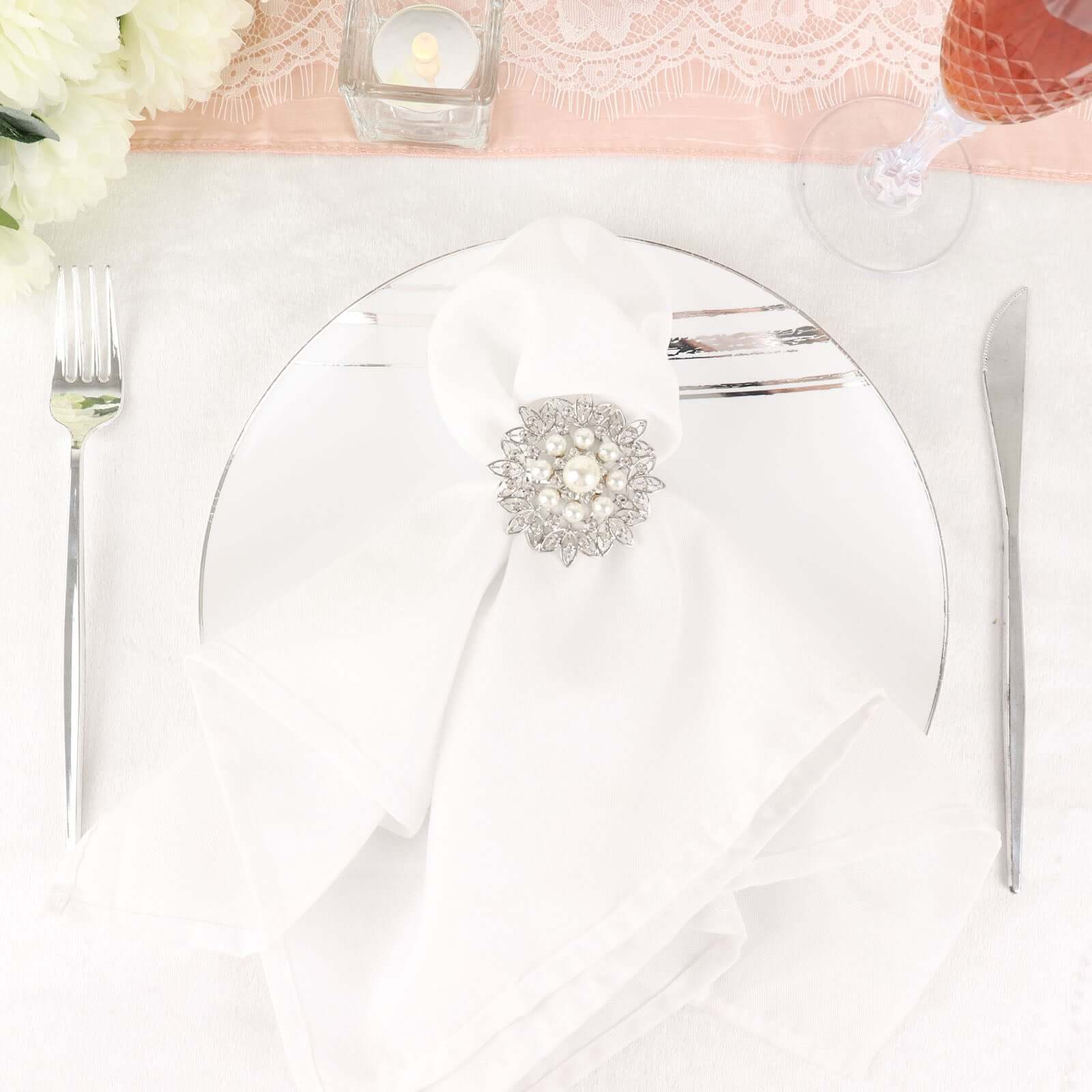 4 Pack Pearl And Diamond Rhinestone Flower Silver Metal Napkin Rings, Decorative Napkin Buckle Holders