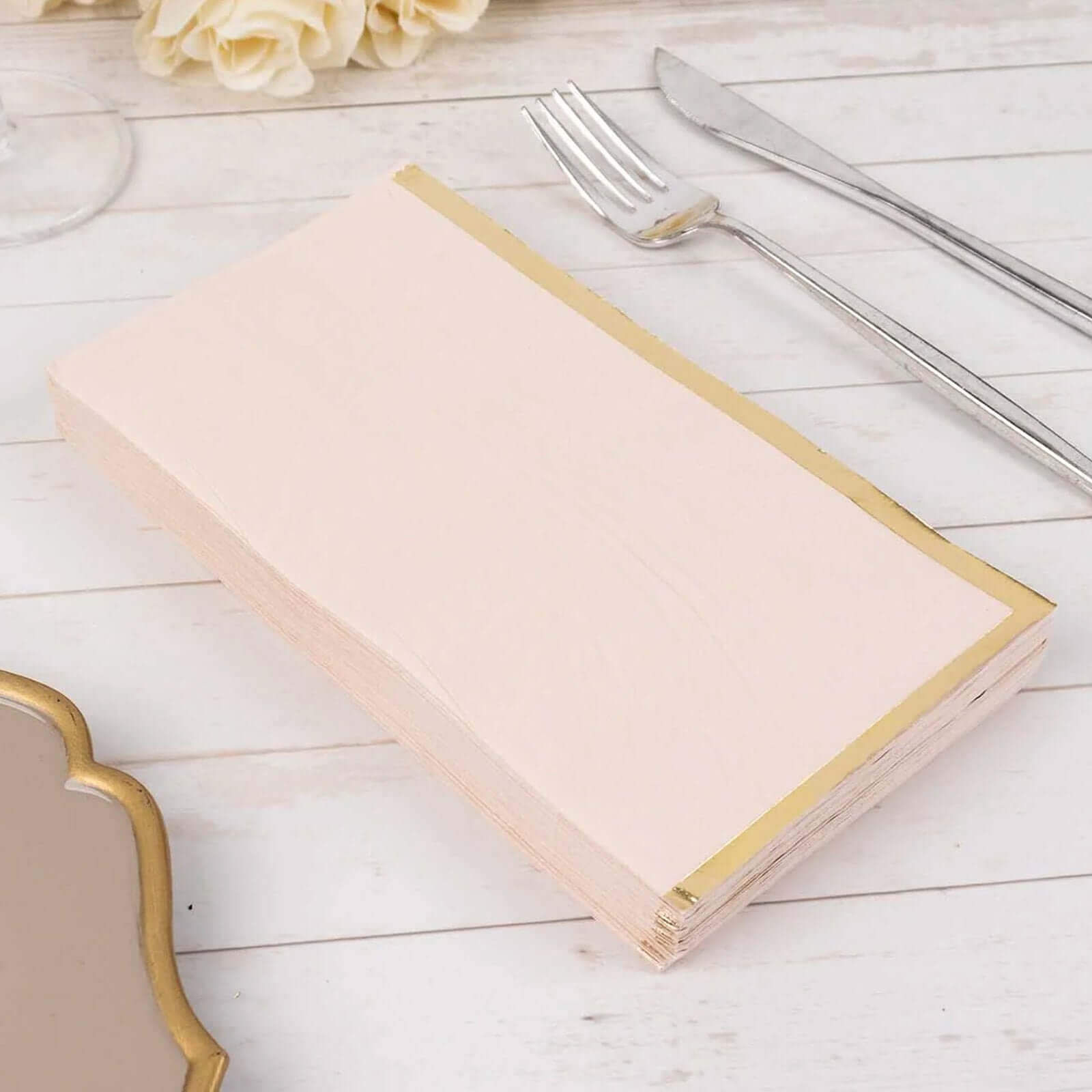 50-Pack Paper Dinner Napkins Blush with Gold Foil Edge 2 Ply - Stylish Disposable Napkins