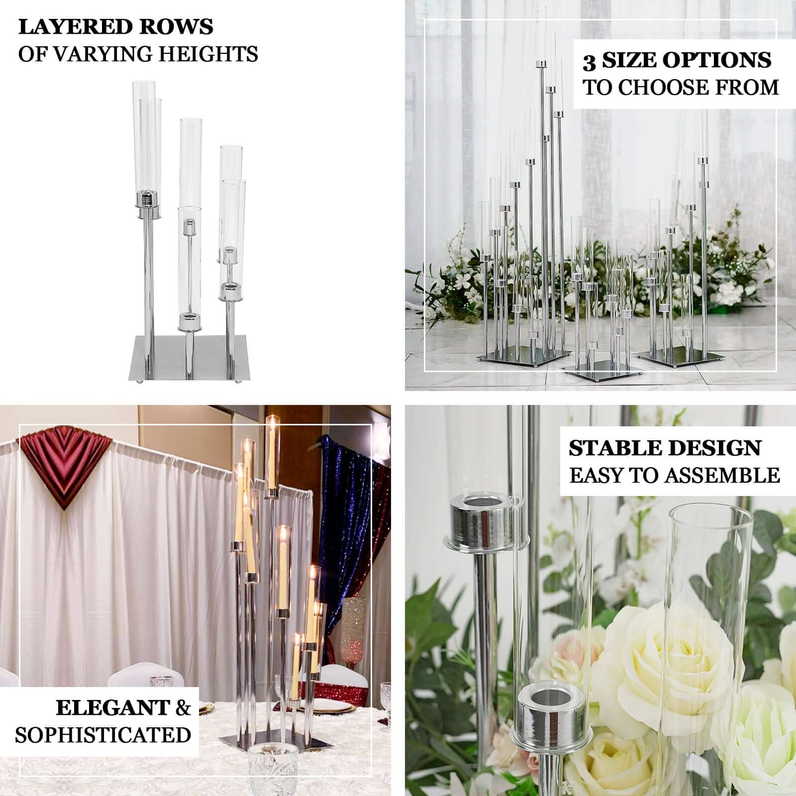 8 Arm Cluster Taper Candle Holder Silver - Stunning Large Candle Arragement With Clear Glass Shades for Grand Banquets & Celebrations 42