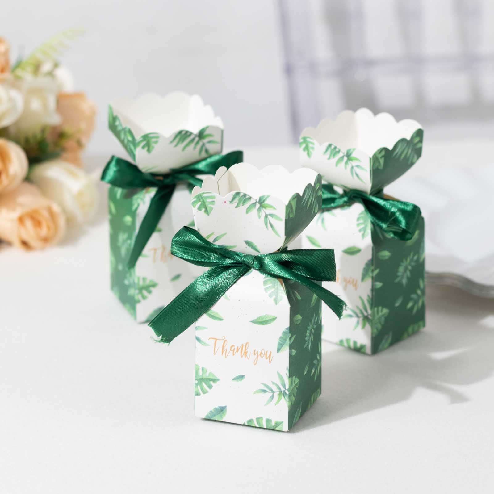 25 Pack White Green Leaf Print Satin Ribbon Candy Gift Boxes With Floral Top, Cardstock Paper Party Favor Boxes - 2x5