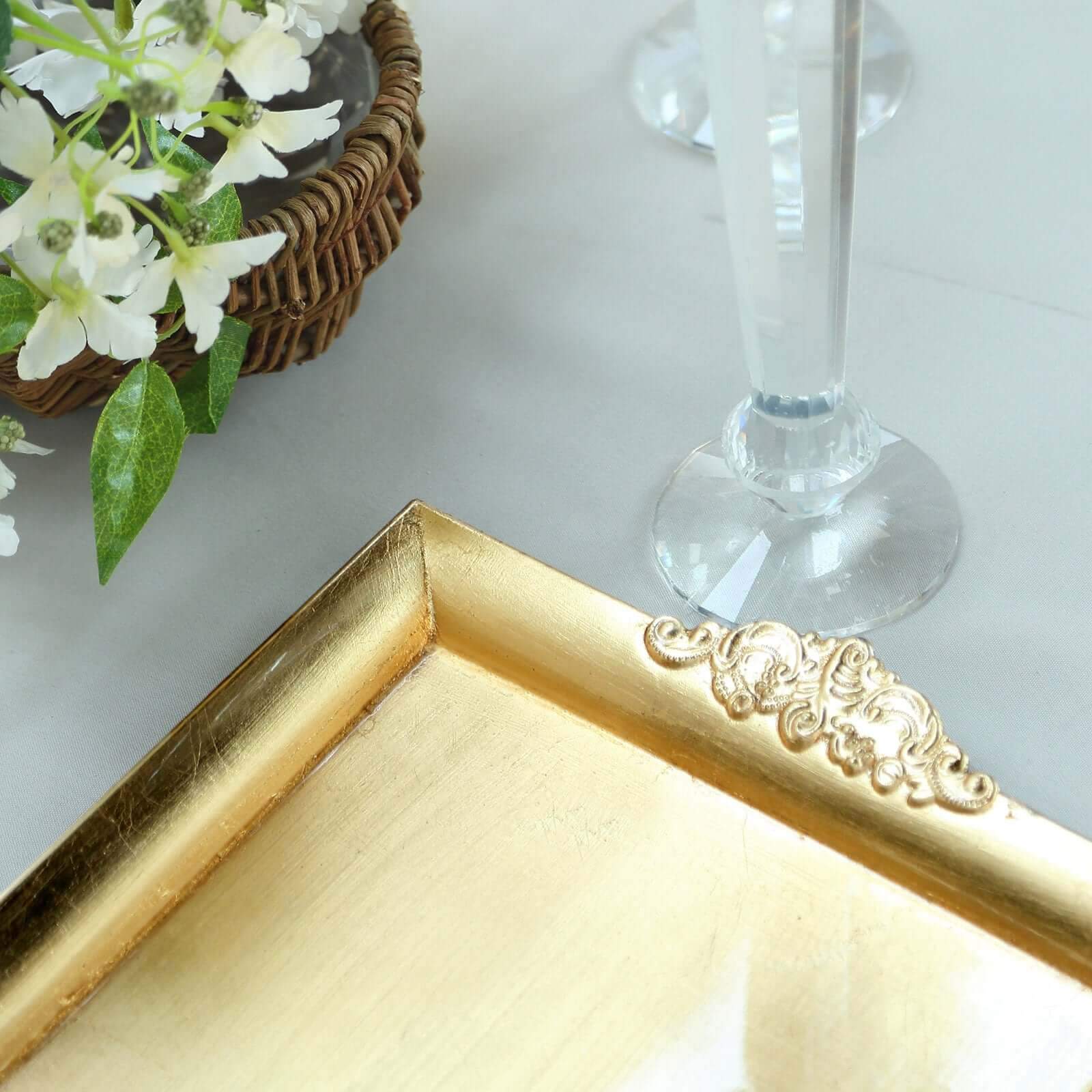 2-Pack Acrylic Rectangle Serving Trays 14x10 in Gold with Embossed Handles, Sleek Decorative Dinner Party Food Platters