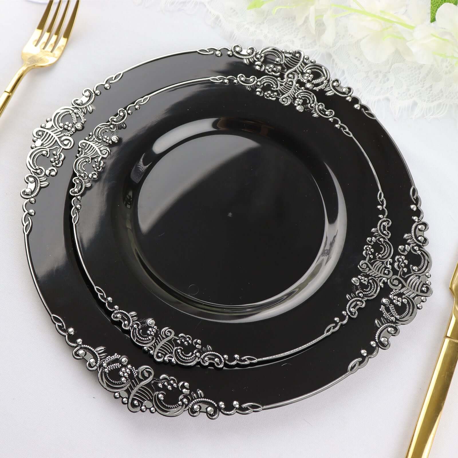 10-Pack Plastic 8 Round Dessert Plates in Black with Silver Leaf Embossed Rim - Disposable Vintage Baroque Style Salad Plates