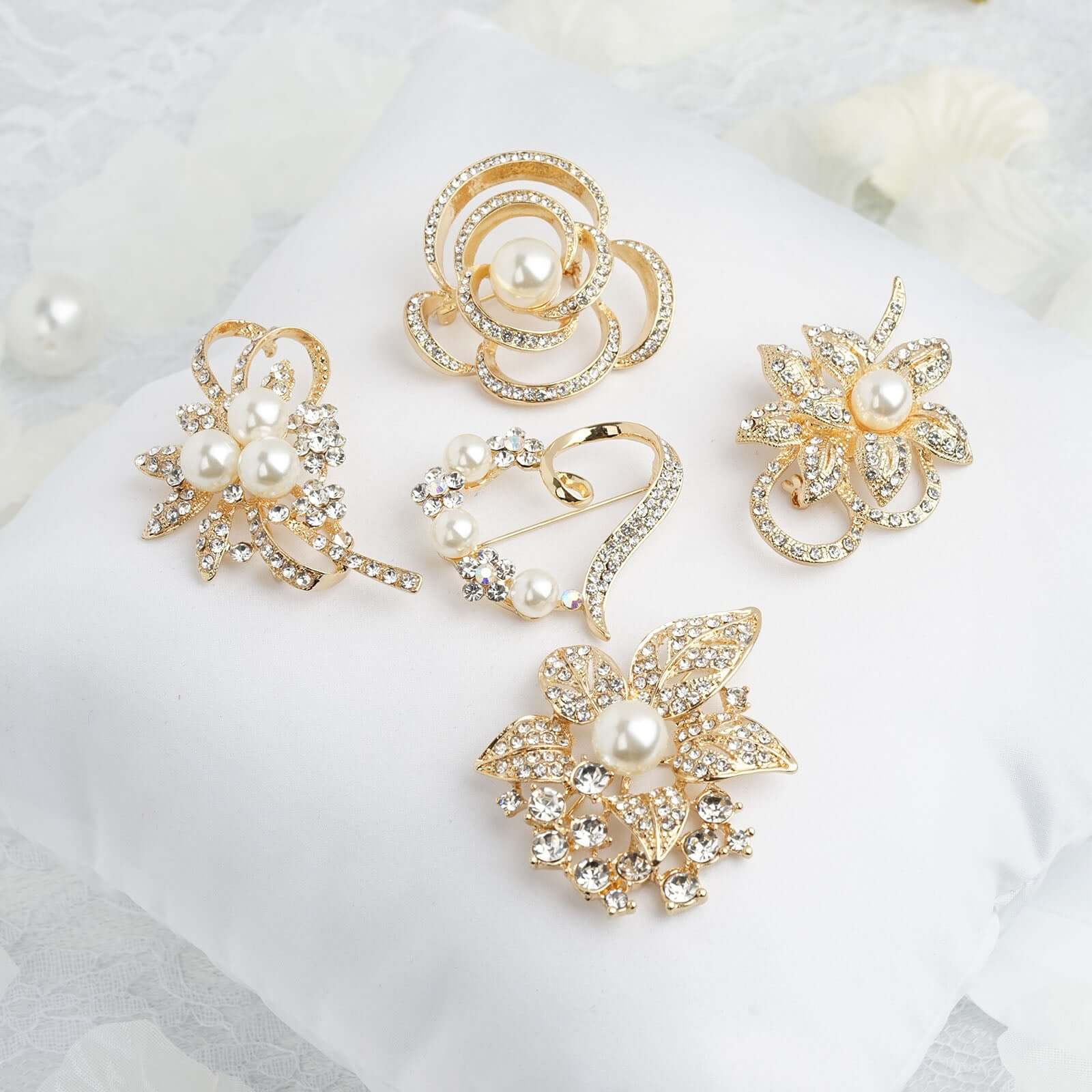 5 Pack Assorted Gold Plated Pearl and Rhinestone Brooches Floral Sash Pin Brooch Bouquet Decor