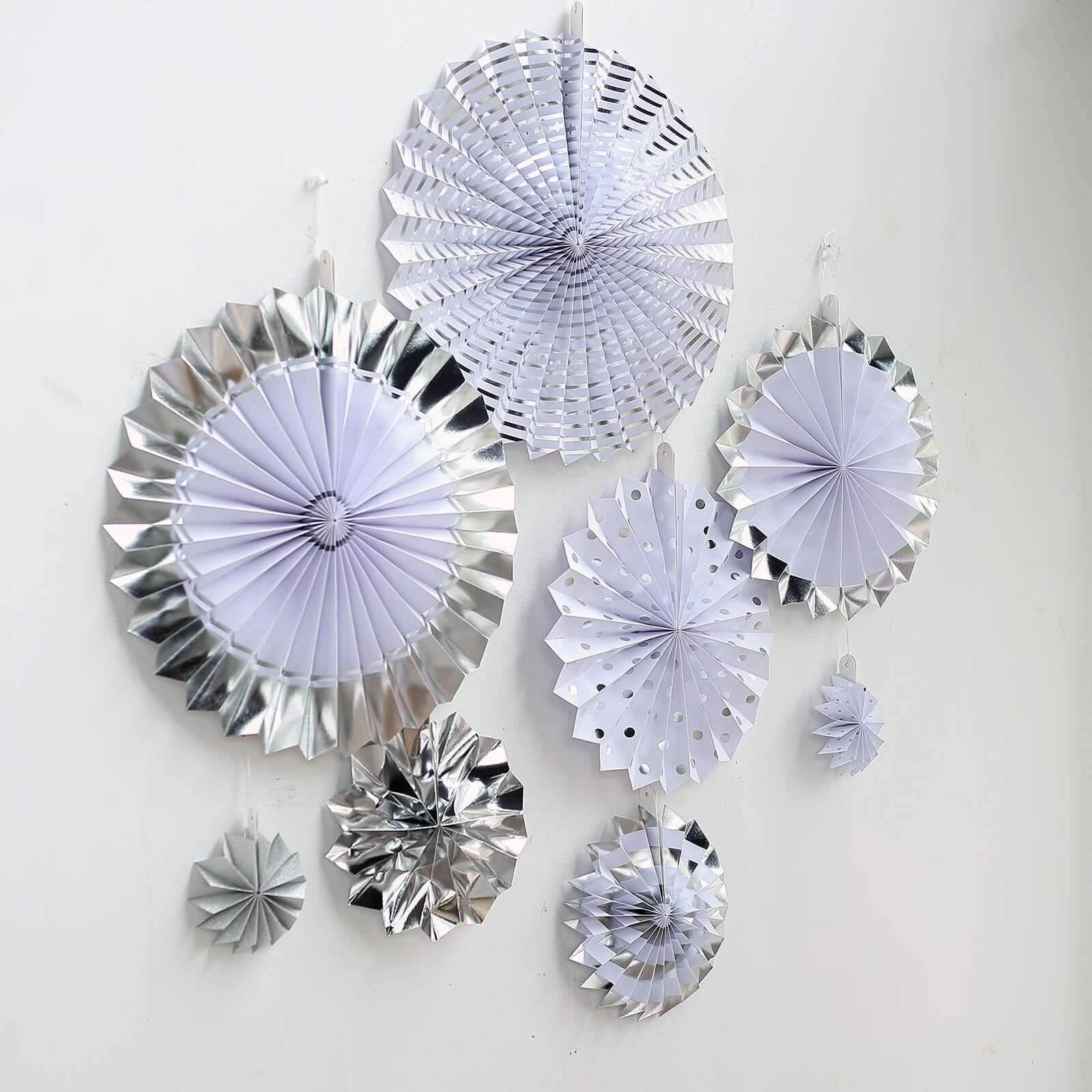 Set of 8 Silver White Hanging Paper Fan Decorations, Pinwheel Wall Backdrop Party Kit - 4, 8, 12, 16