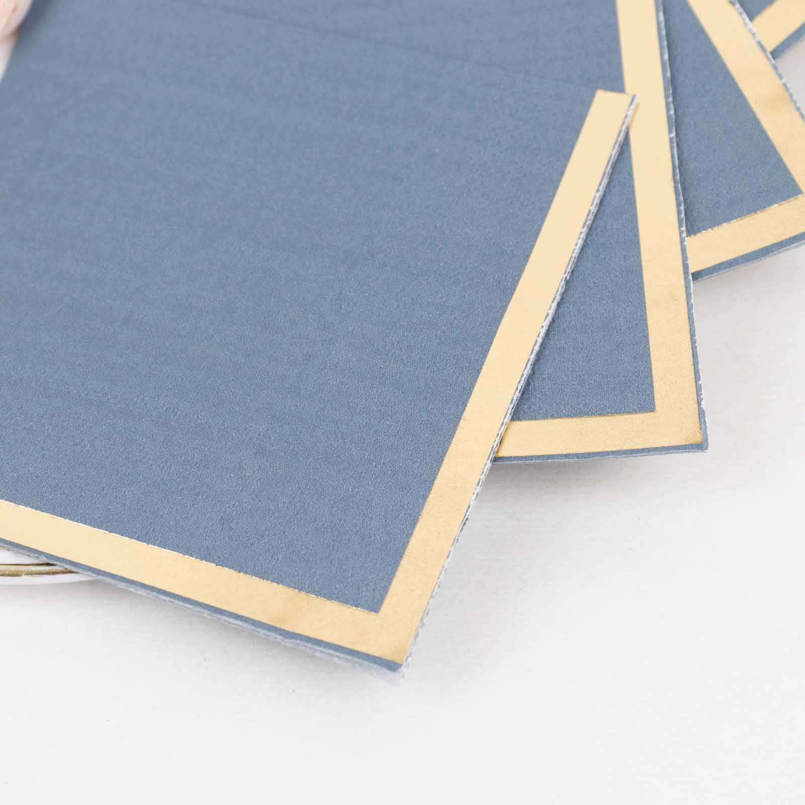 50-Pack Paper Beverage Napkins Dusty Blue with Gold Foil Edge - 2 Ply Disposable Soft 18GSM Cocktail Napkins 5x5