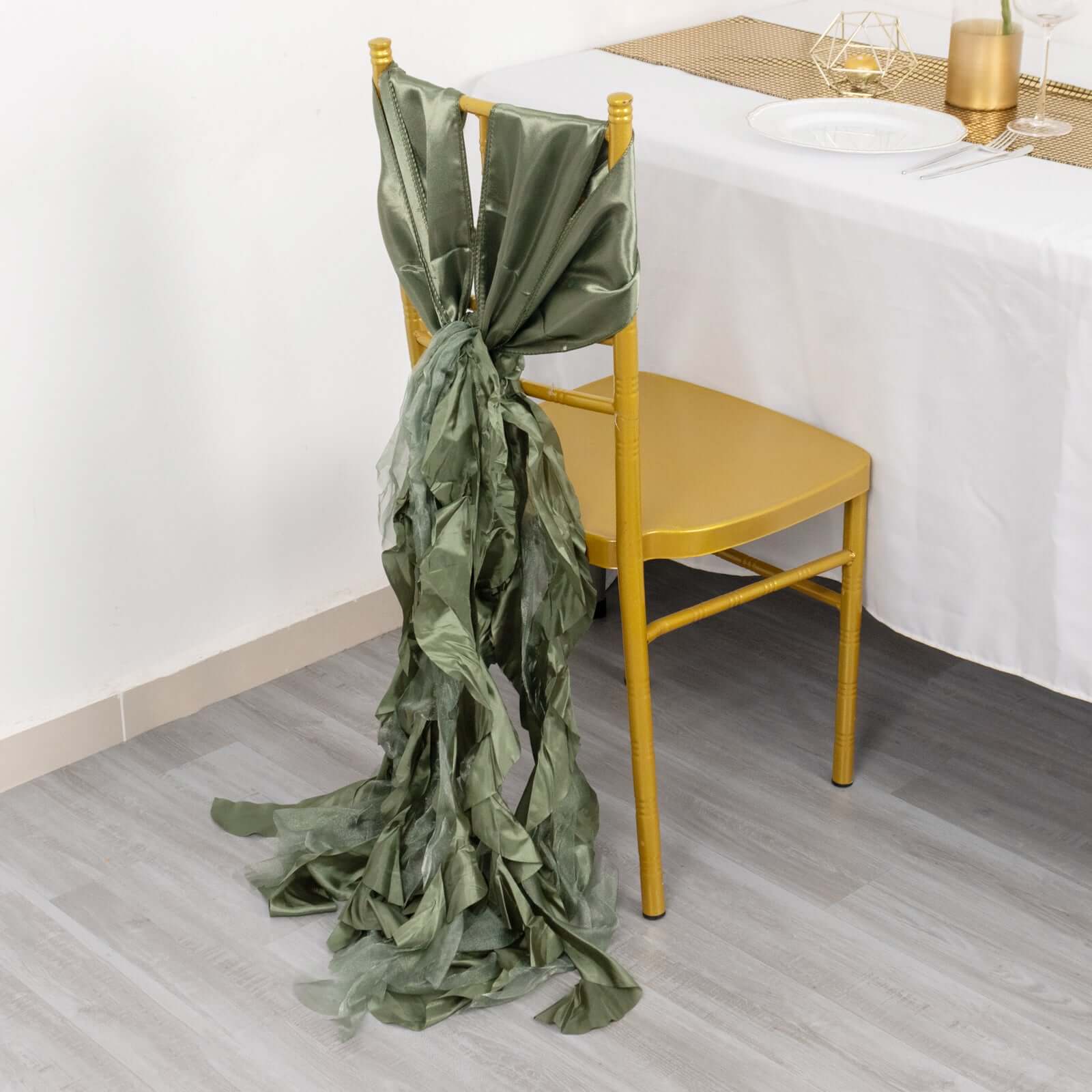 5 Pack Chiffon Satin Chair Sashes Dusty Sage Green - Easy to Install Ruffled Curly Willow