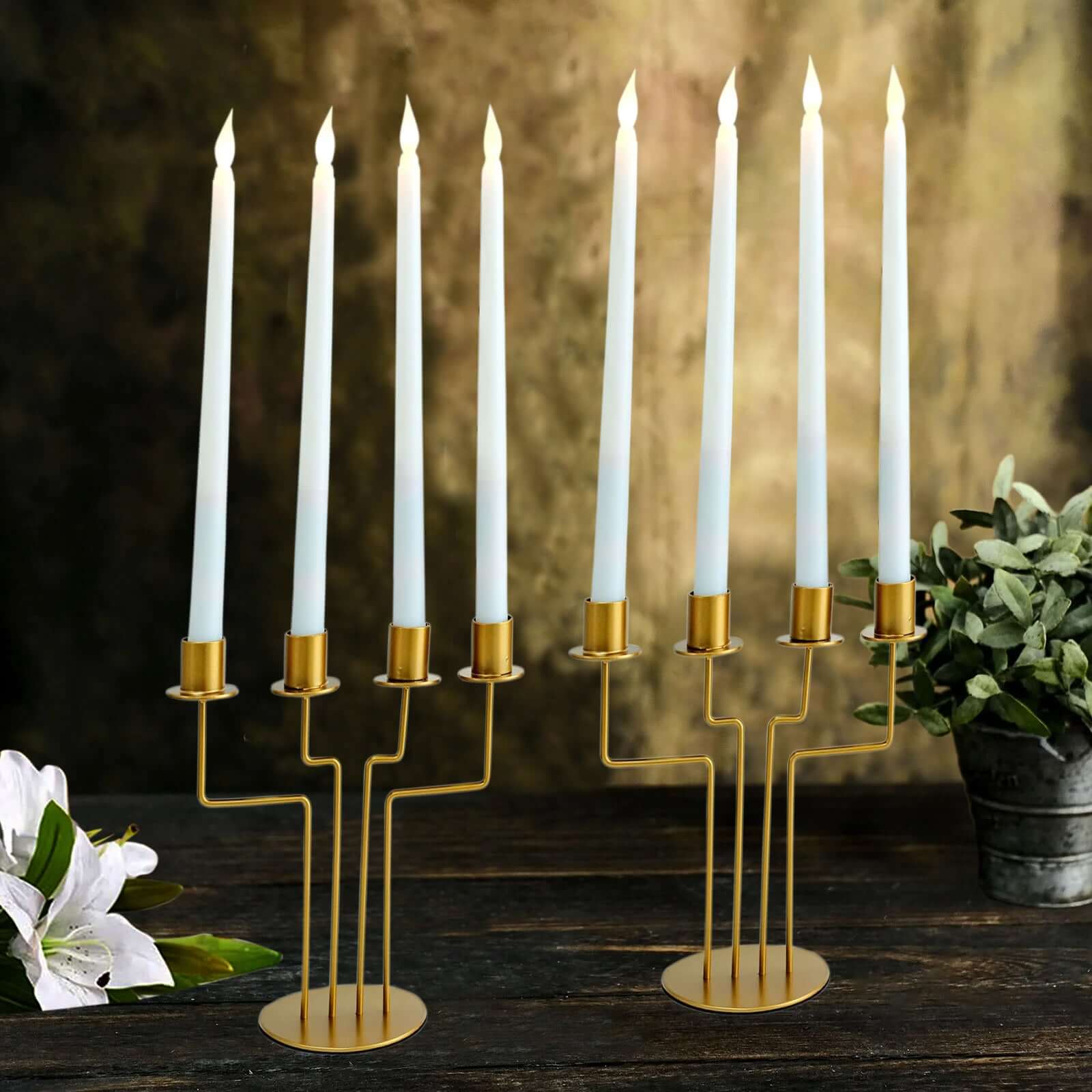 2-Pack Geometric Taper Candelabra 4 Arm Design Gold Metal Decorative Centerpiece - Perfect for Events 8