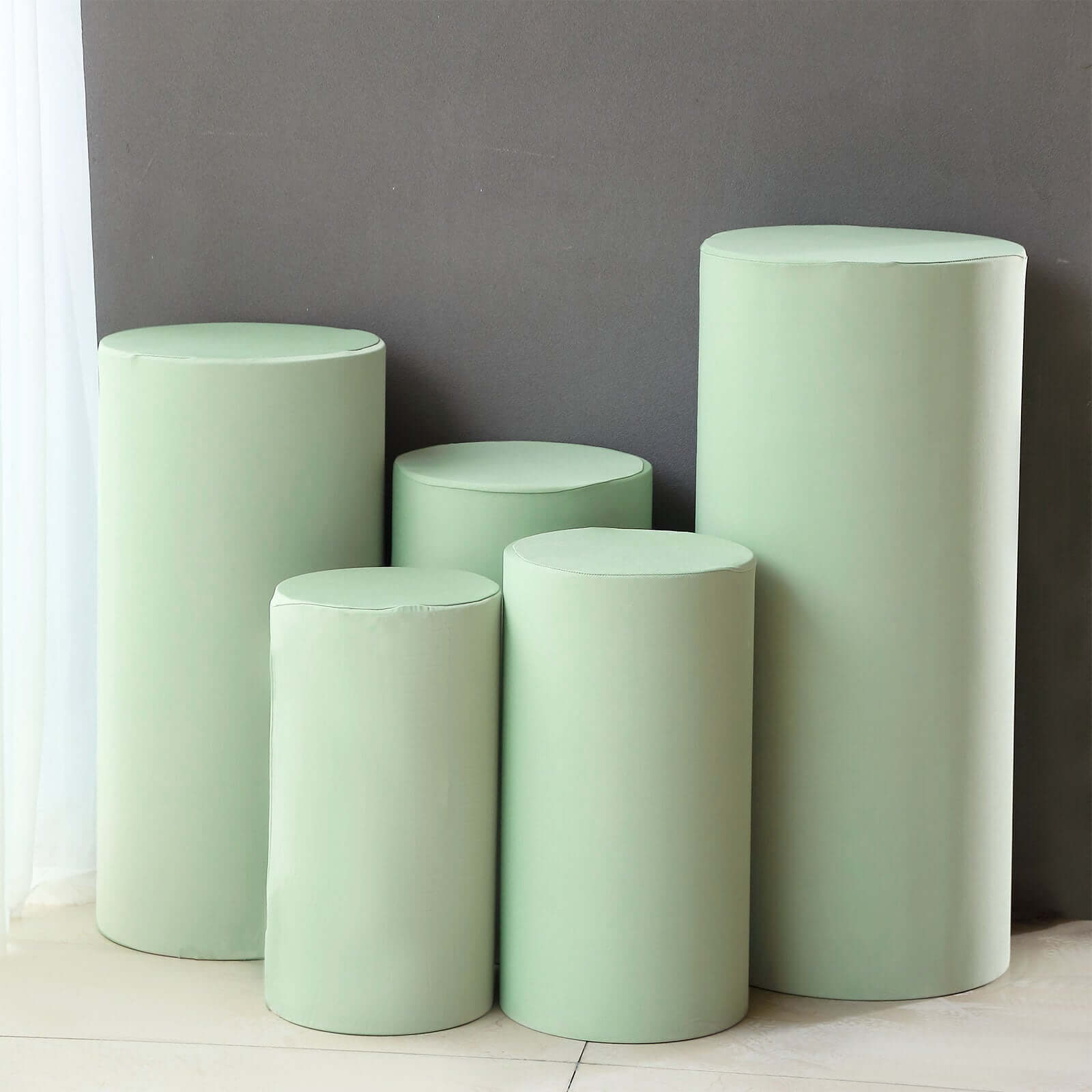 Set of 5 Sage Green Spandex Cylinder Pedestal Stand Covers, Stretchable Pillar Prop Covers - 160 GSM