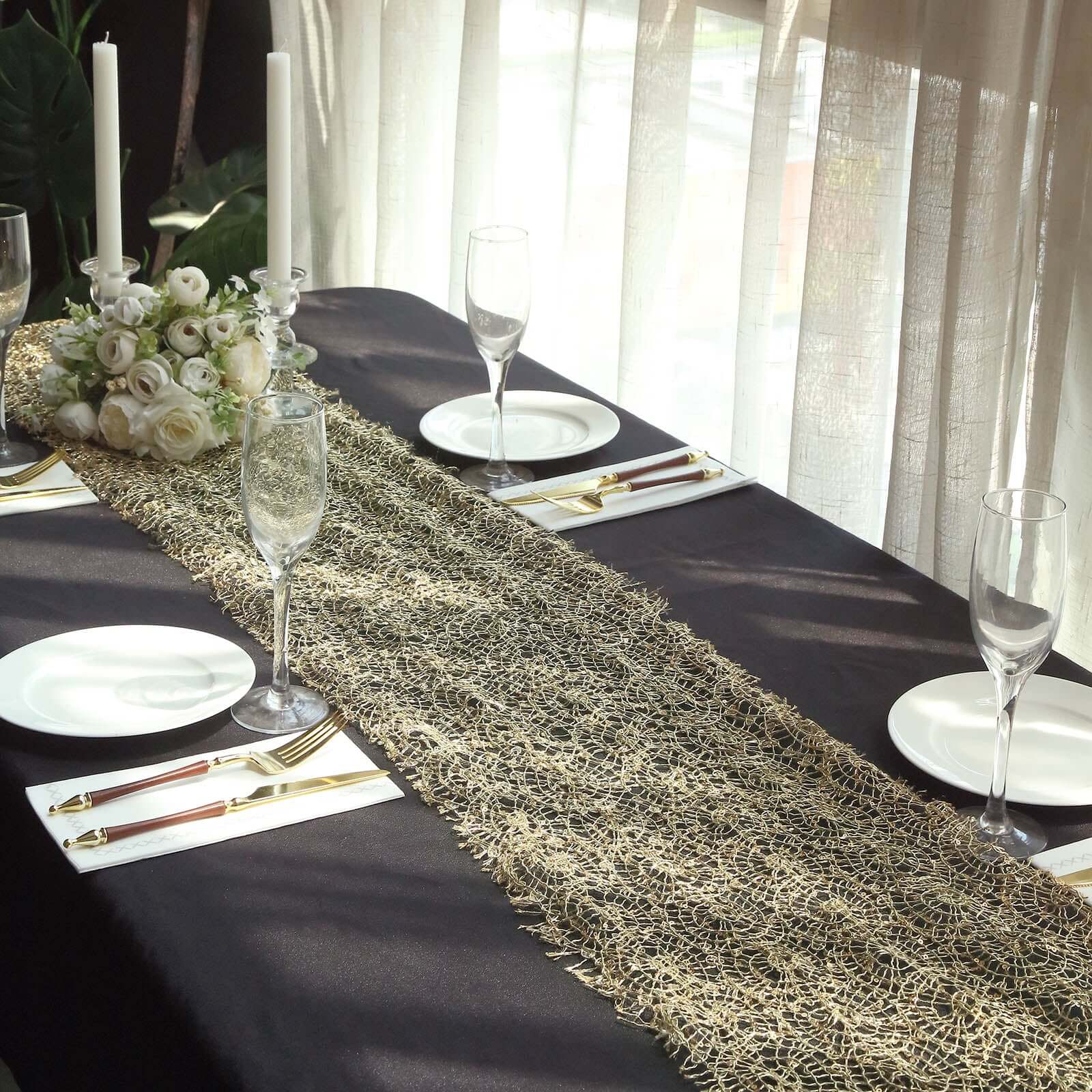 Mesh 12x108 Table Runner Gold - Sequin Schiffli Lace Design for Stylish Celebrations