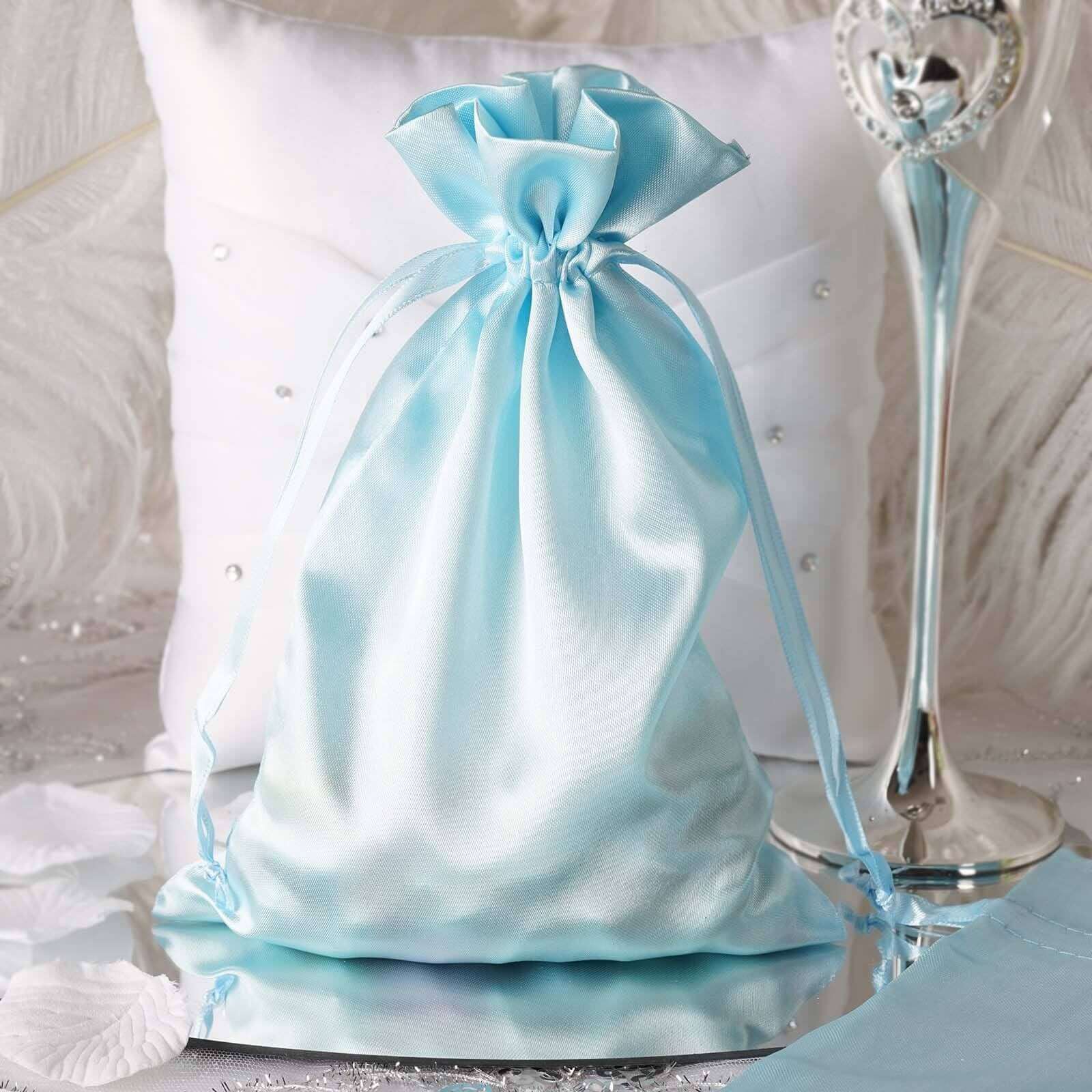 12 Pack 6x9 Light Blue Satin Wedding Party Favor Bags, Drawstring Pouch Gift Bags