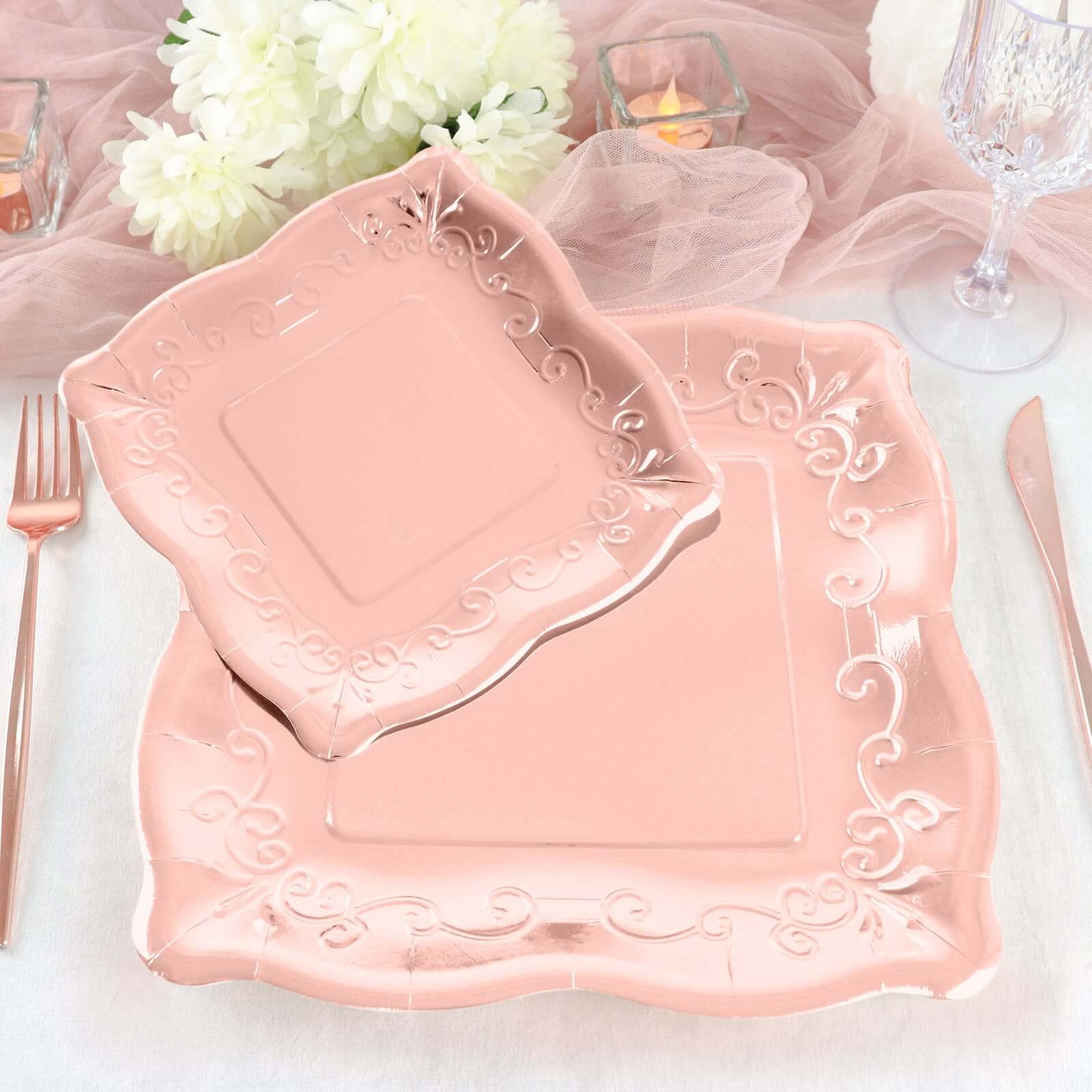 25-Pack Paper 7 Square Dessert Plates in Rose Gold with Vintage Pottery Embossed Design - Shiny Metallic Disposable Appetizer Plates