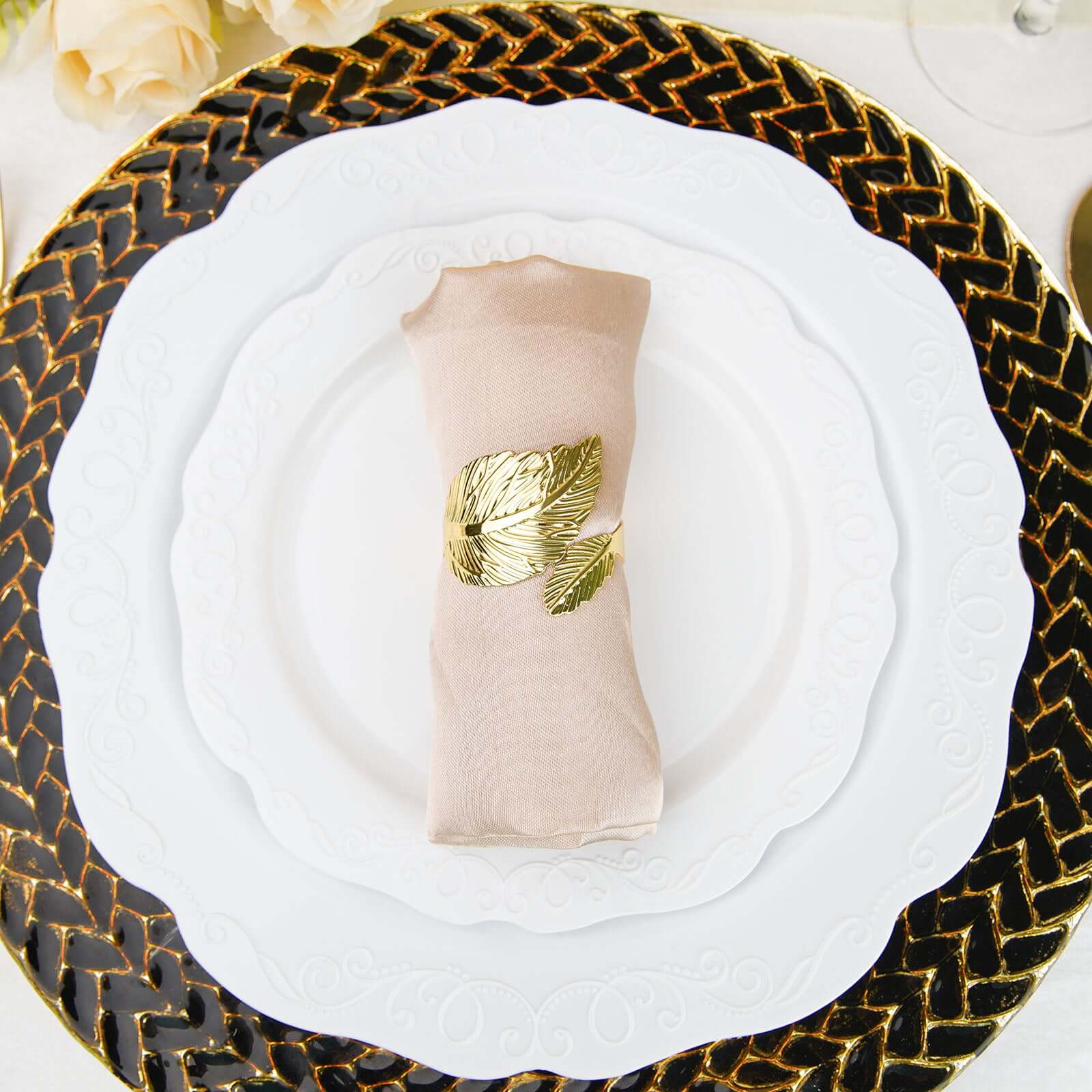 4 Pack Metallic Gold Ornate Leaf Napkin Rings, Linen Napkin Holders