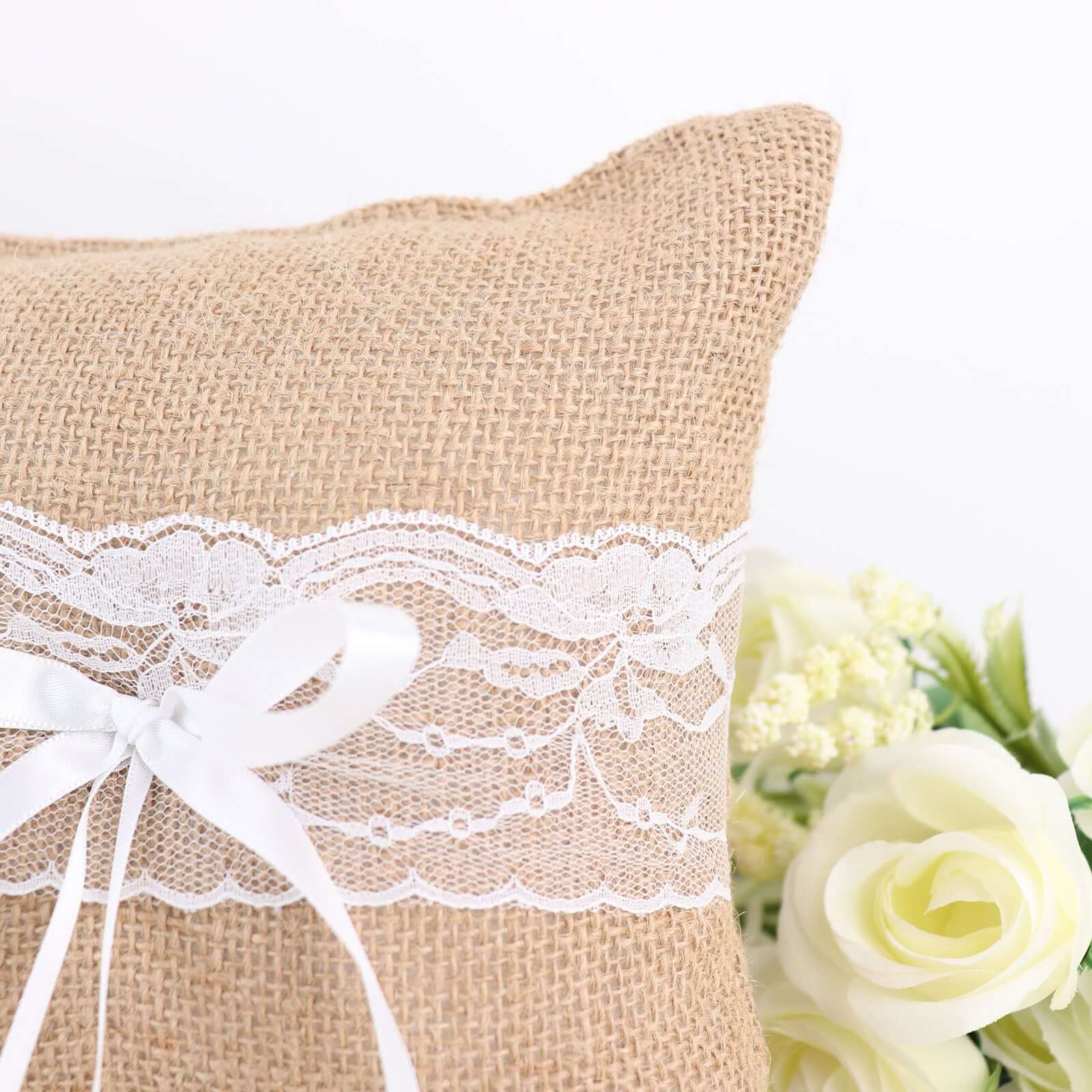 1 Set Natural Burlap and Lace Flower Girl Petal Basket and Ring Bearer Pillow Wedding Set