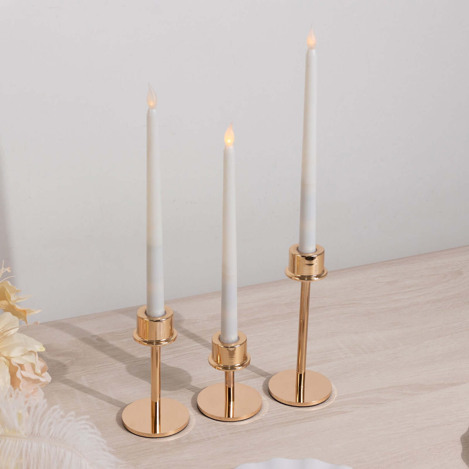 Set of 3 Metal Taper Candlestick Holders Gold with Round Base - Hurricane Candle Stands 3.5, 5.5, 8