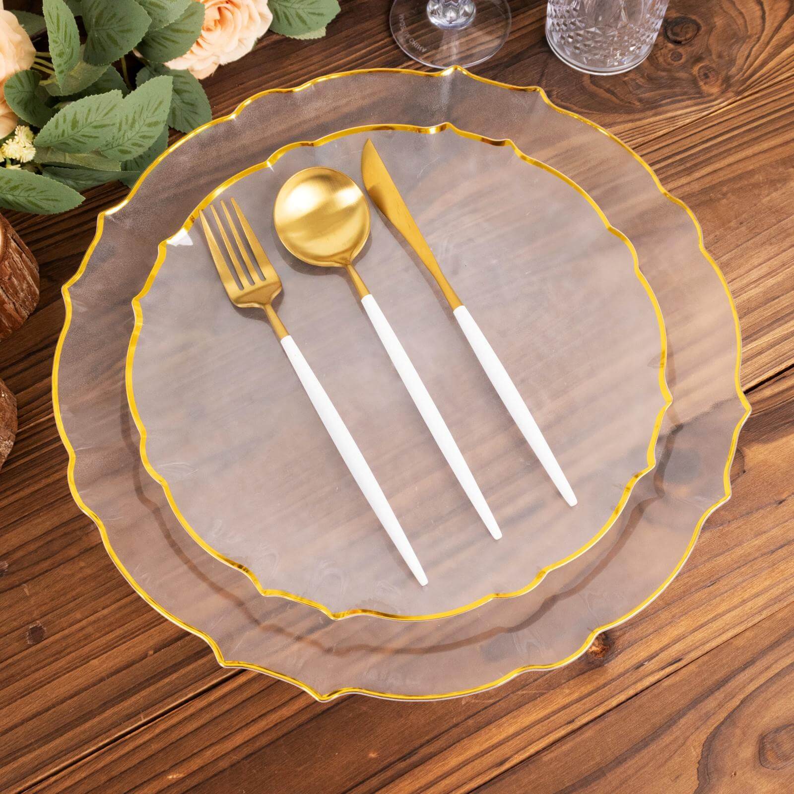 10-Pack Plastic 10 Round Dinner Plates in Clear Sunflower with Gold Scalloped Rim - Disposable Party Plates for Classy Events & Banquets