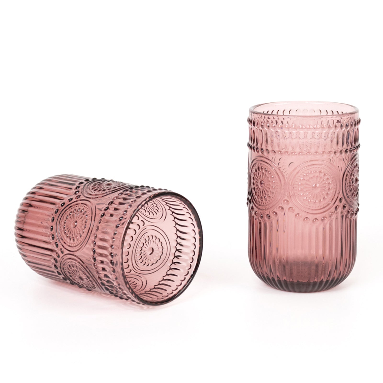 6-Pack Glass Tumblers Dusty Rose Vintage Embossed Design with Textured Floral Pattern - Highball Glasses for Drinks & Parties 14oz