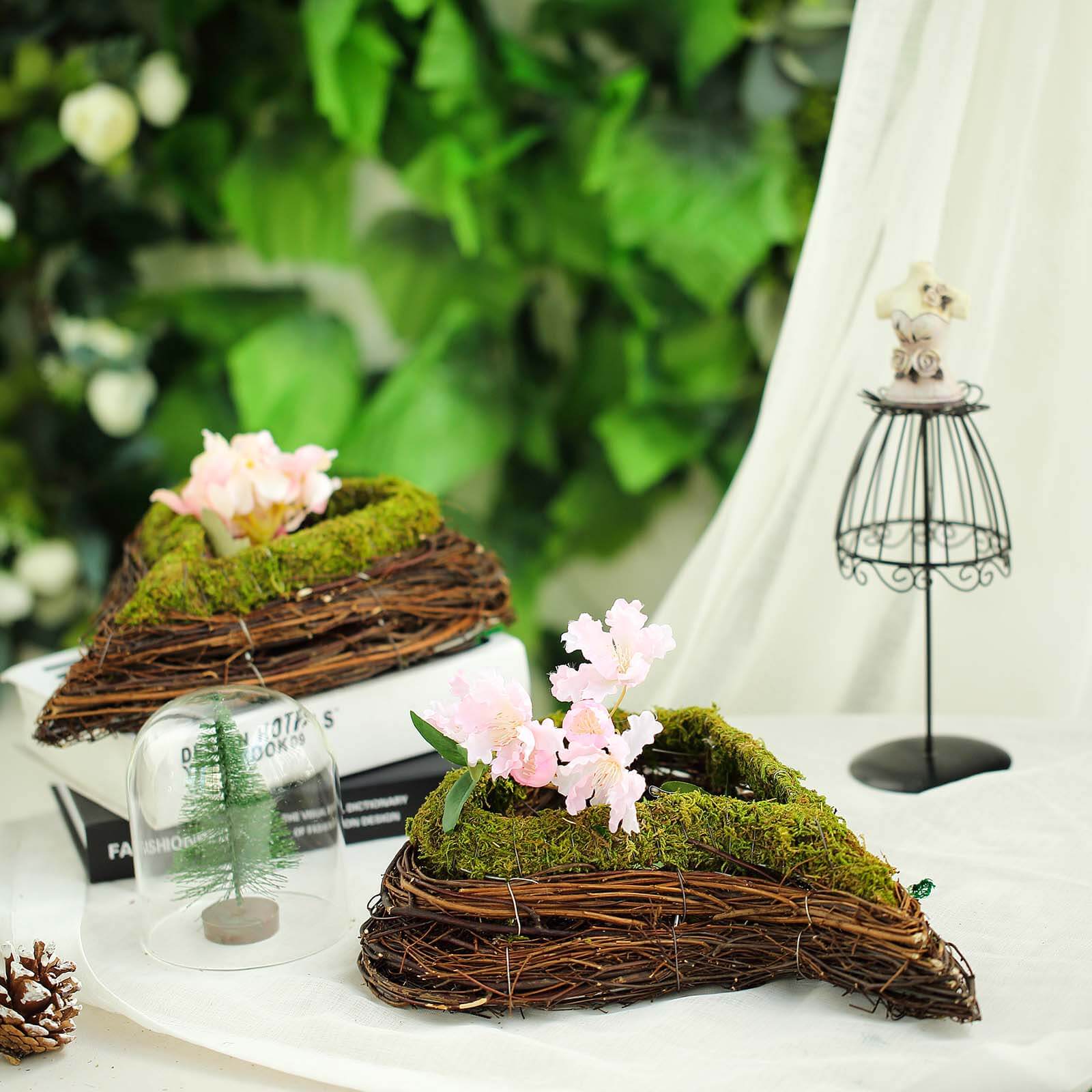 Set of 2 Heart Shaped Planter Boxes Preserved Moss Twigs Green - Flower Basket Centerpieces 14, 11