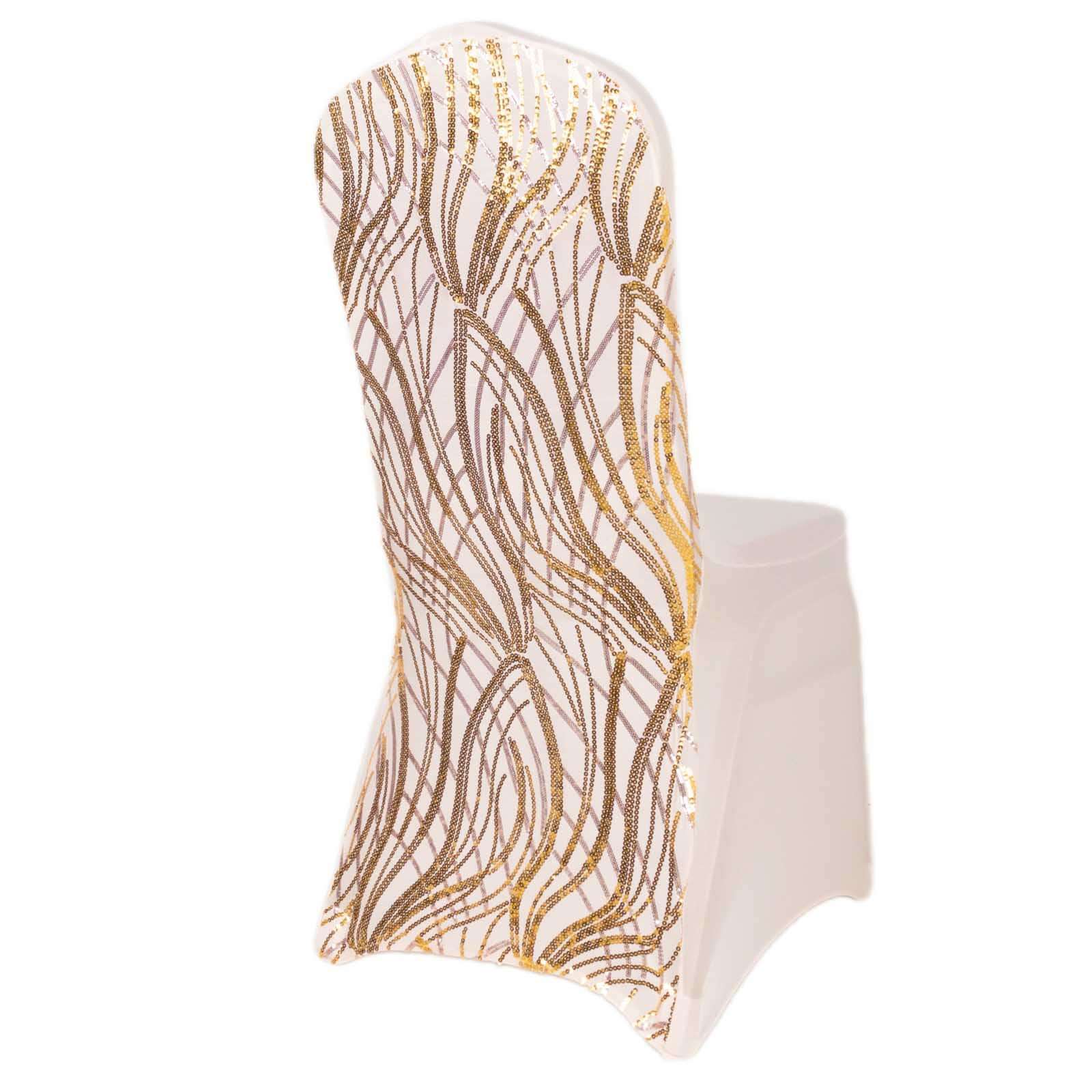 Spandex Chair Cover with Wave Embroidered Sequins for Banquet Chairs Rose Gold/Gold - Glittering Stretch Fitted Slipcover